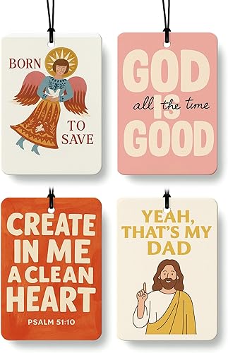 Miniatura 11 de Ambientador retro cristiano para automóvil, 4 piezas, aroma de coco, accesorios de coche de fe religiosa, decoración de espejo para mujeres, fresa,