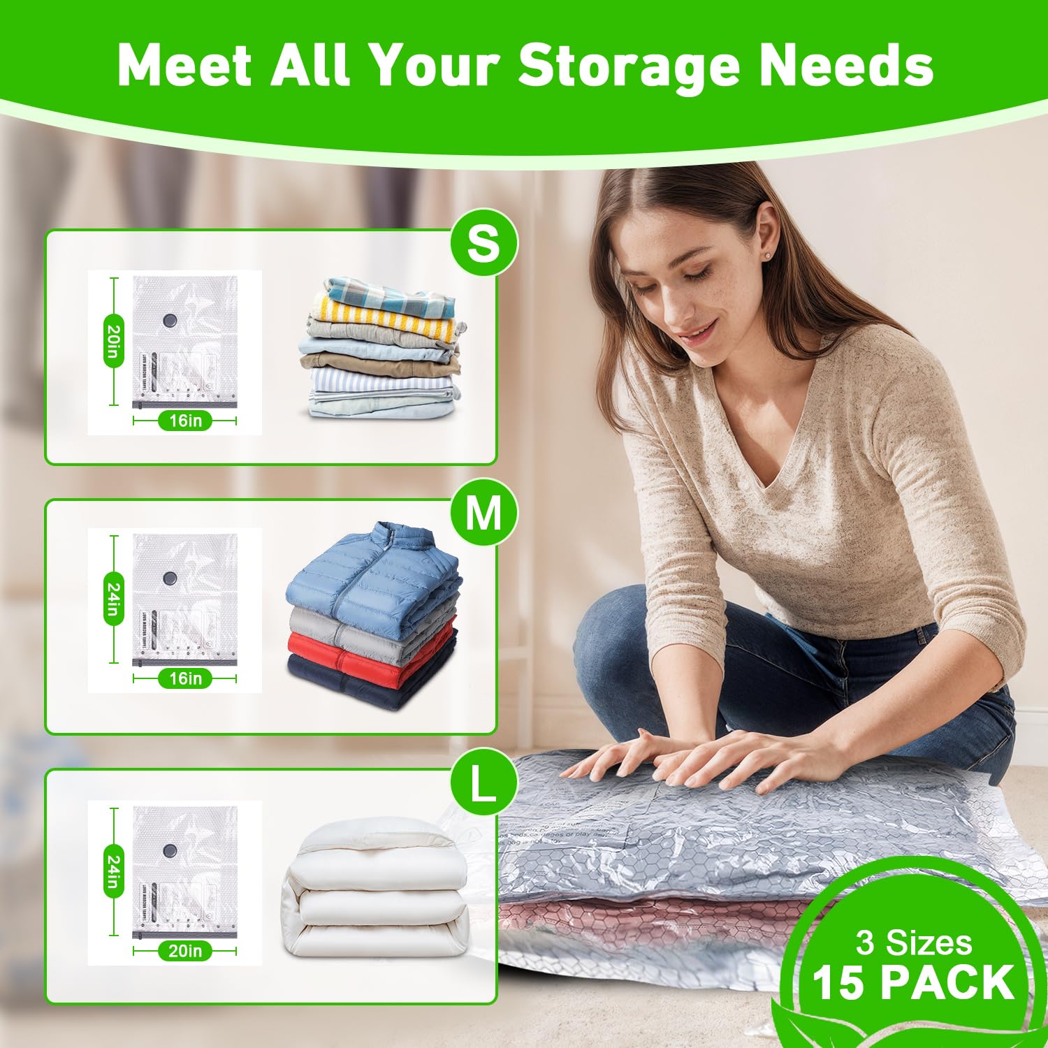 Bolsas de sellado al vacío para ropa con bomba eléctrica inalámbrica, para viajes y uso doméstico, paquete de 15 bolsas de almacenamiento al vacío ideales para ahorrar espacio, bolsas de