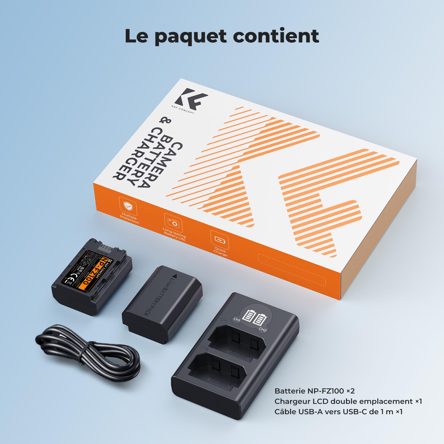 K&F CONCEPT 2600mAh NP-FZ100 Batterie et Chargeur 2 Batteries | Compatible avec Sony A6700, A7iv, A7iii, A7 III, FX3, FX30, A6600, A7C, A7RIV, A7Siii, ZV-E1, ZV-E10ii, Alpha 9 II et A9S