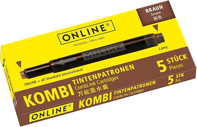 Online,17057/12 double-sided pen ink cartridges, universal pen refills, compatible with all common fountain pens, even Lamy pens - 5 spare cartridges - colour brown