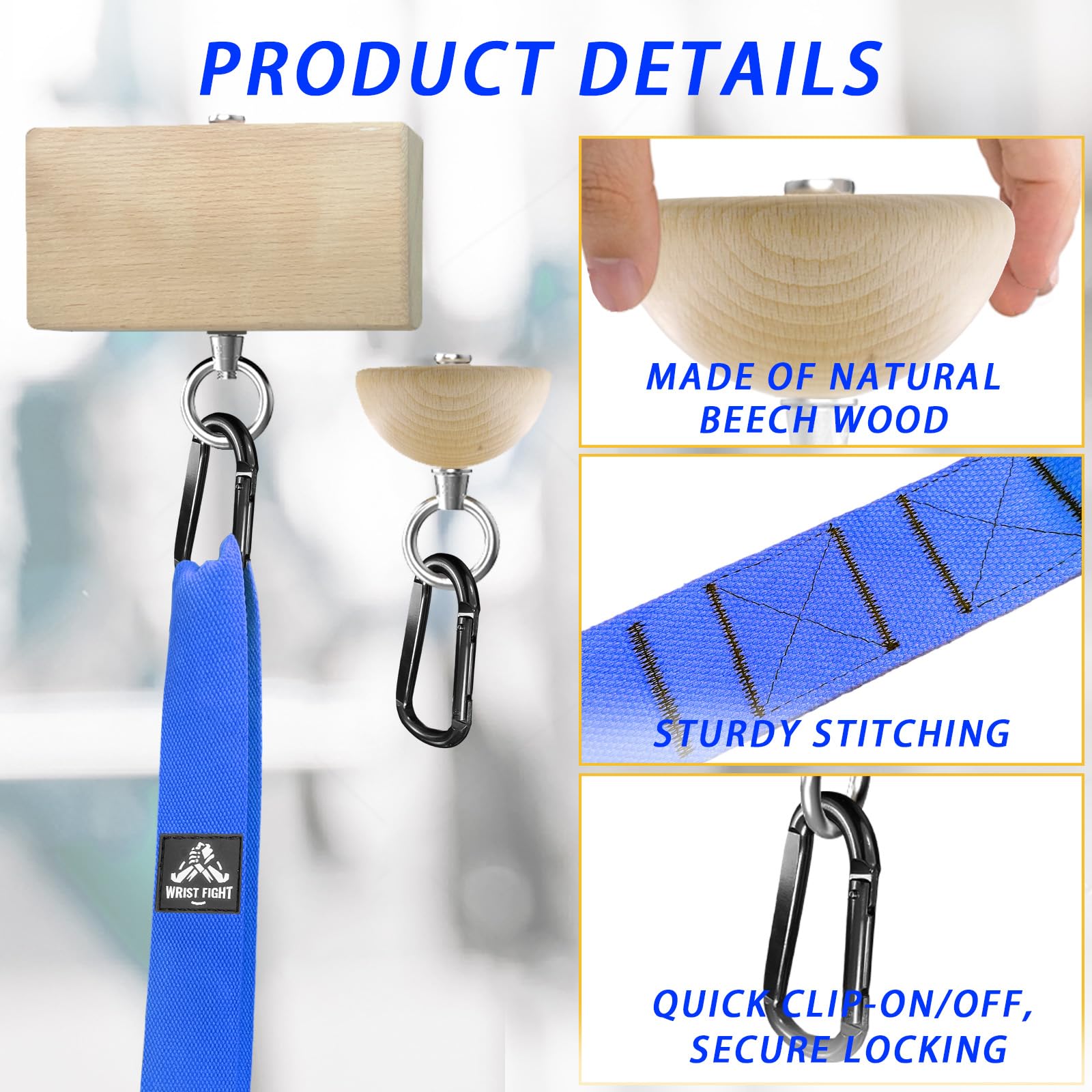 Pinch Grip Krafttrainer Set - Buchenholz Rechteck Block & Dual-Use Half Ball - mit verlängertem Gurt-Ladesystem für Hand-, Finger- & Armring-Training