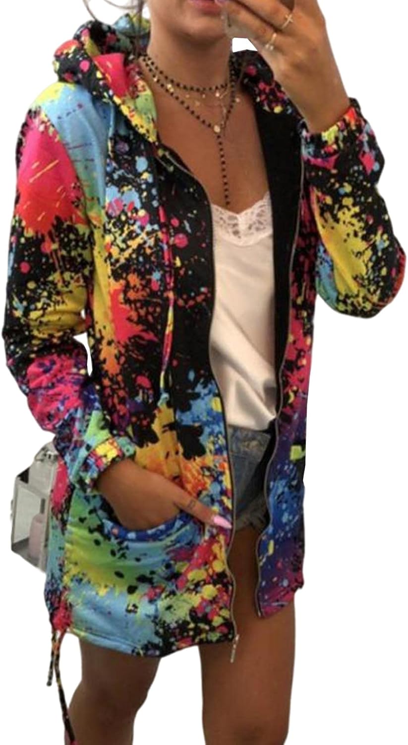 SEMATOMALA Women's Splatter Paint Hooded Zip Up Jacket Colorful Funny Graphic Printed Drawstring Cardigan Sweatshirt