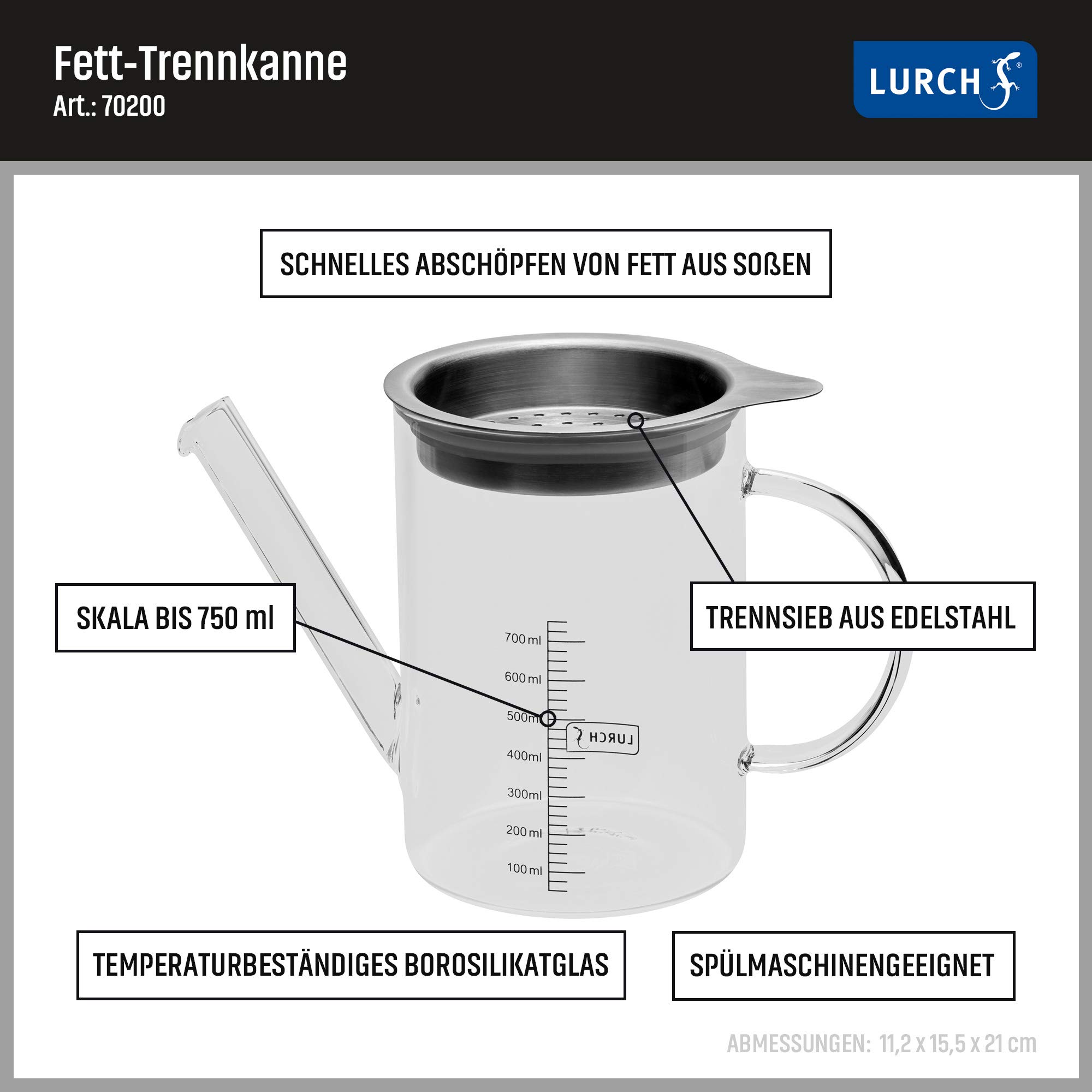 Lurch 70200 Fett-Trenn-Kanne aus hitzebeständigem Borosilikatglas 0,75l, Transparent