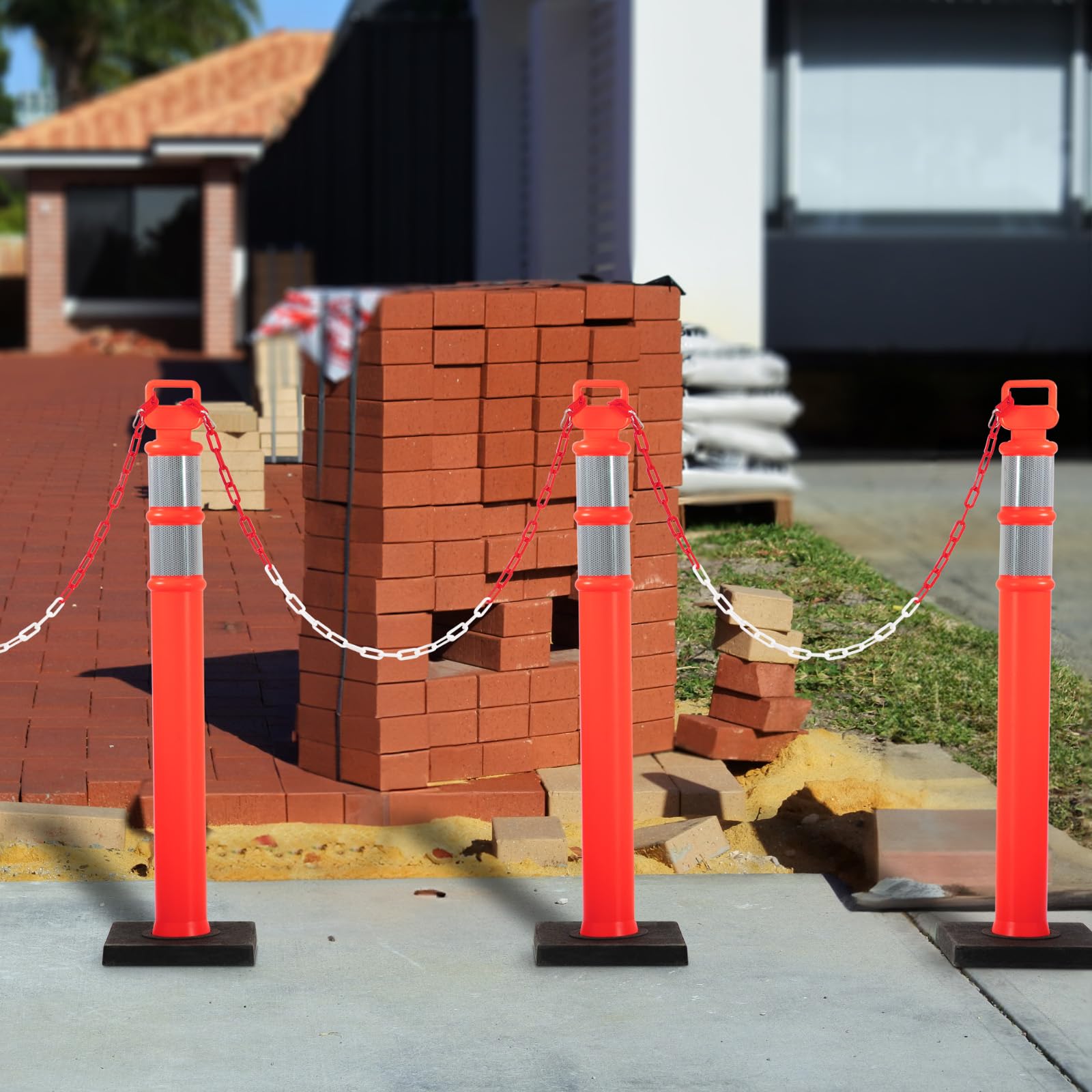 Delineator Post con base de 6 unidades, postes de delineador de tráfico, conos de seguridad de estacionamiento con cadenas de plástico, barrera portátil para poste de estacionamiento, 45 pulgadas de