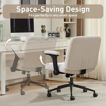 Criss Cross Legged Office Chair with Wheels and Flip-Up Arms, PU Leather Adjustable Swivel Vanity Chair, Wide Seat for Home Office, Computer Task, Desk & Makeup (Chenille Beige)
