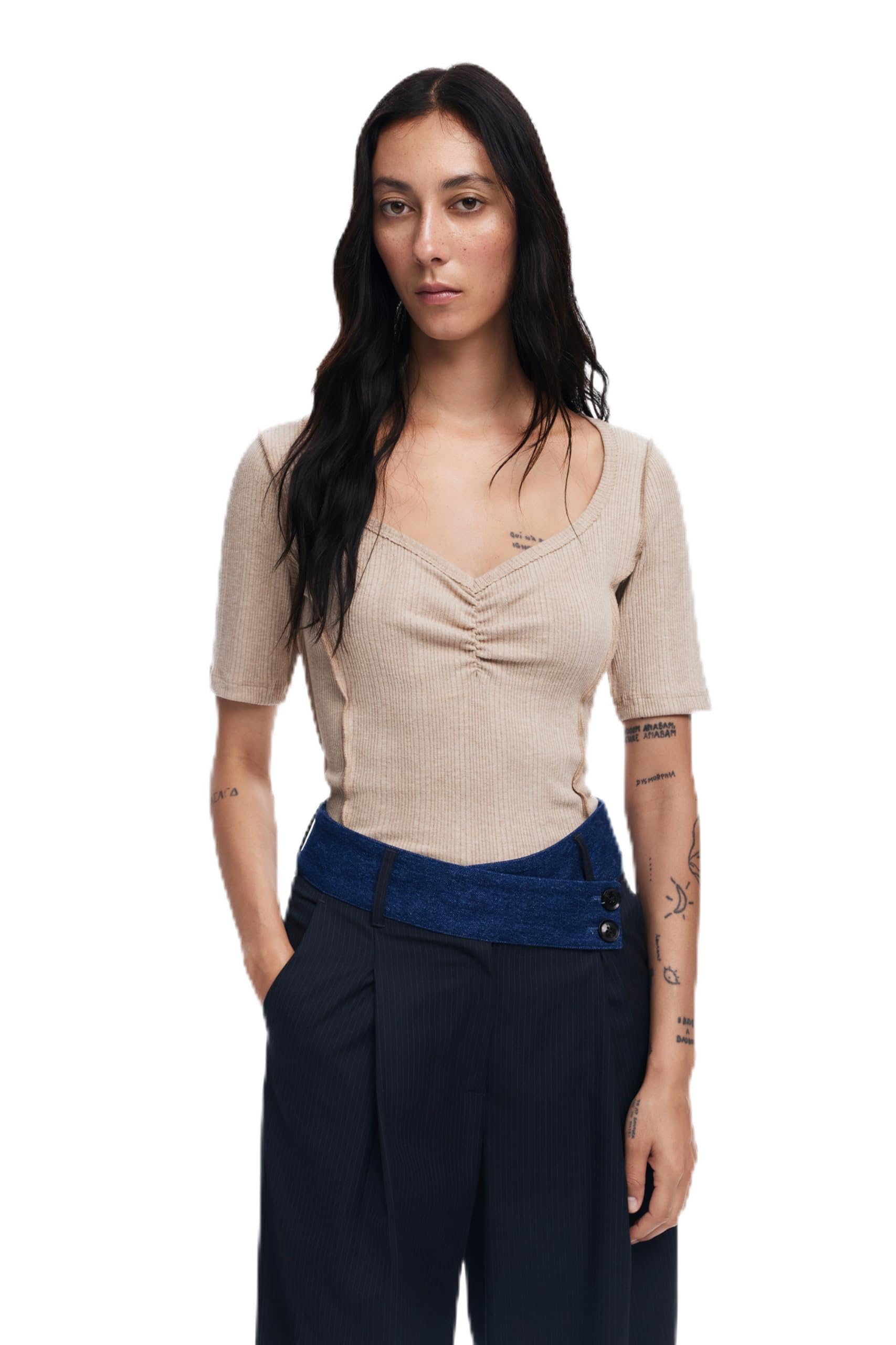 Desigual Damen Weiß T-Shirt Mit Gerafftem Ausschnitt, Baumwolle, Xs