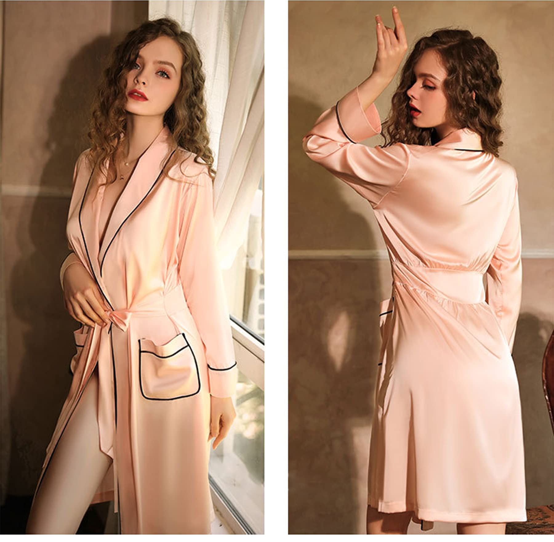 Camisón Sexy de Cuello V Profundo Vestido de Seda satén Pijama de Manga Larga