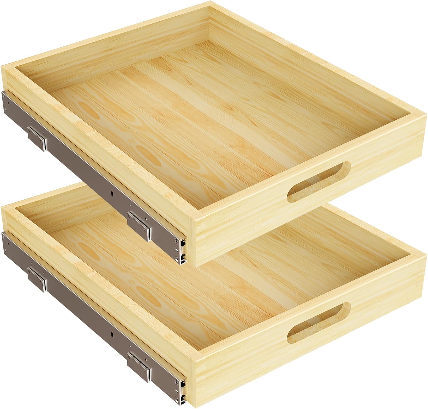 2 Set Pull Out Cabinet Organizer, Soft Close Slide Out Wood Drawer Storage Shelves for Kitchen, Base Cabinet Organization for Pantry, Finished, Heavy-Duty, Bottom Assembly (18” W x 21” D)