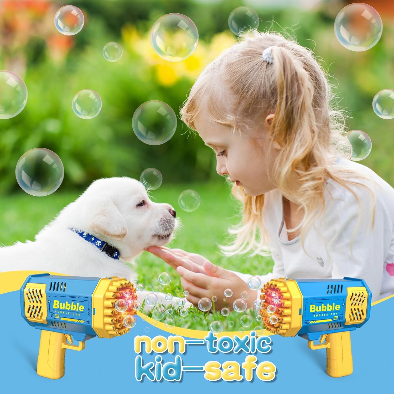 LUSJNGE 2 Bubble Gun with 2 Bottles Refill Solution for Kids, 40-Hole Light Up Bubble Machine for Toddlers 1-3, Blue Bubble Blaster Maker, Party Favors Toys for Boys Girls 4-8 Birthday Gifts