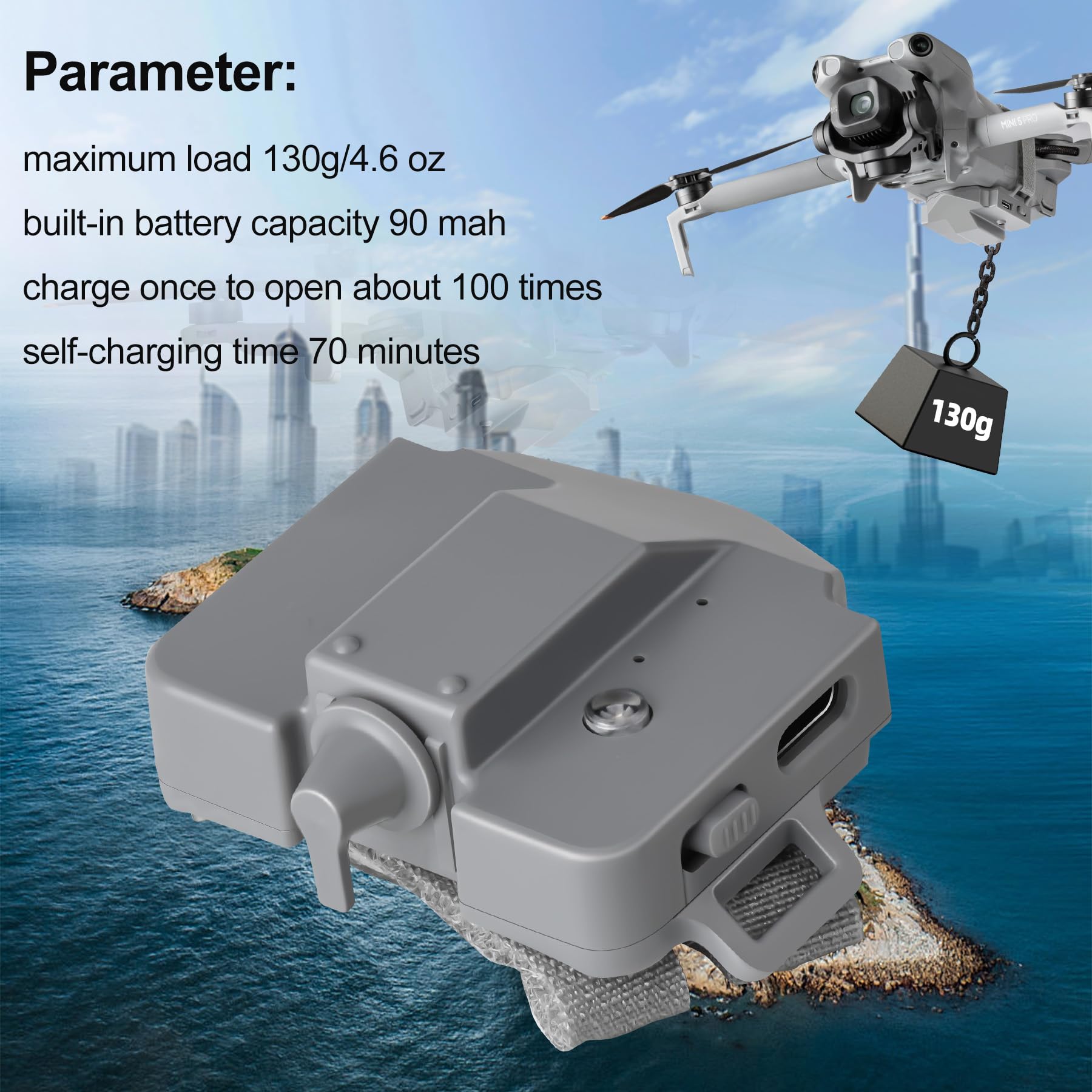 Dispositivo di rilascio del carico utile compatibile con DJI Mini 5 Pro/Mini 4 Pro, carico utile massimo 130 g, telecomando FN/C1 Trigger, 100 gocce per carica, pesca e uso matrimonio