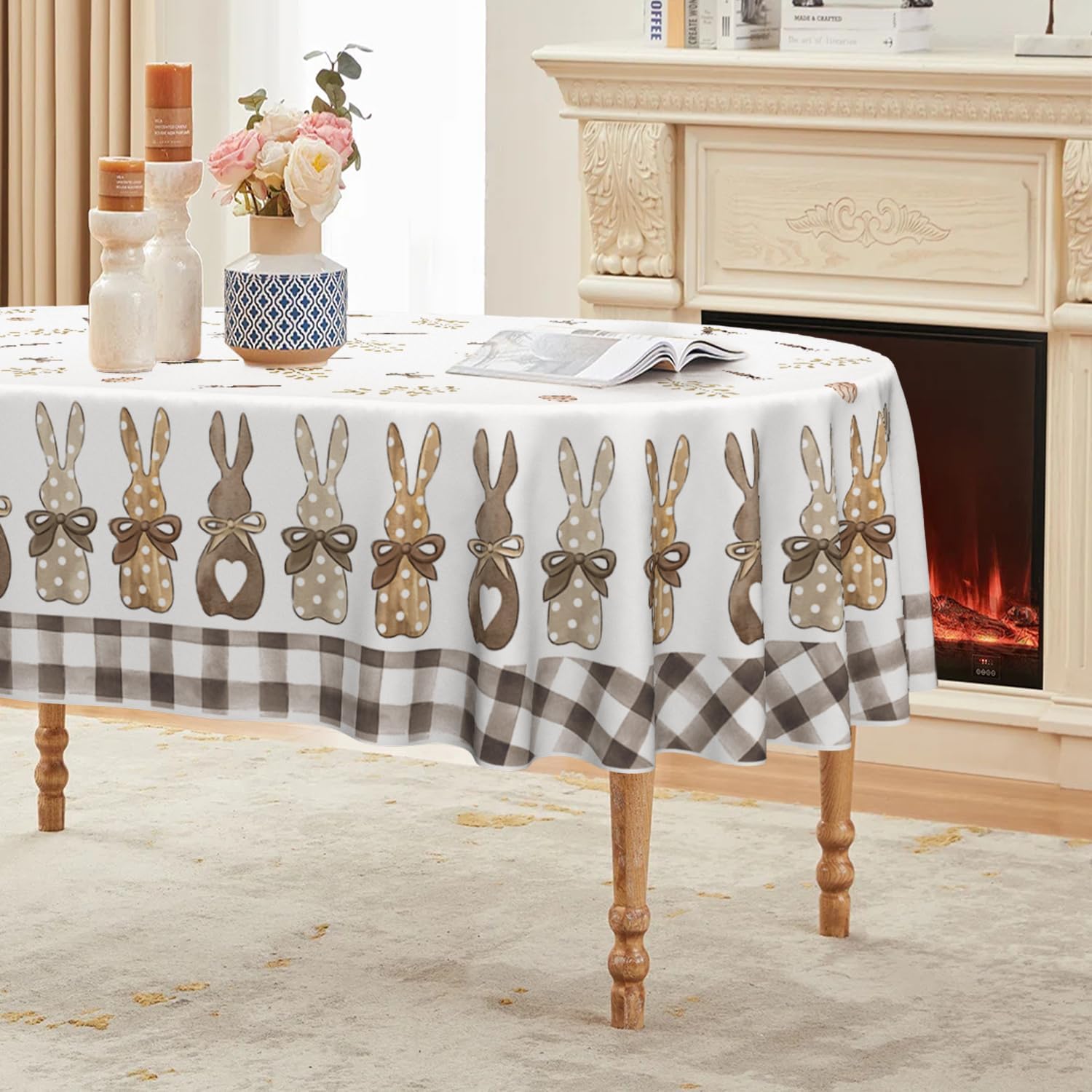 Easter Tablecloth Rectangular, Spring Carrots Bunny Washable