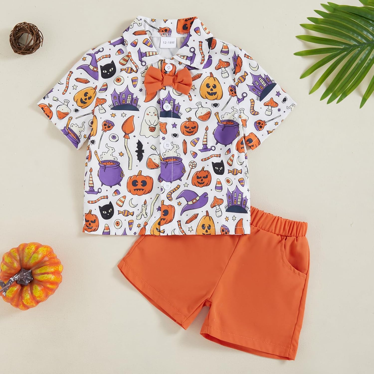 Rtnnsbbfcm Toddler Baby Boy Halloween Outfit Short Sleeve Bow Tie Pumpkin Ghost Button Down Shirt Top Shorts 2Pcs Set - Image 2
