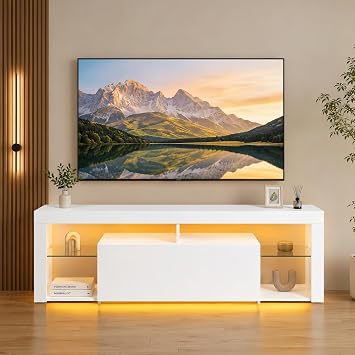 TV Cabinet White with Lighting TV Lowboard 140 cm Long with Glass Shelves and Drawer TV Cabinet for TVs up to 55 Inches TV Stand for Living Room Bedroom 140 x 35 x 50 cm