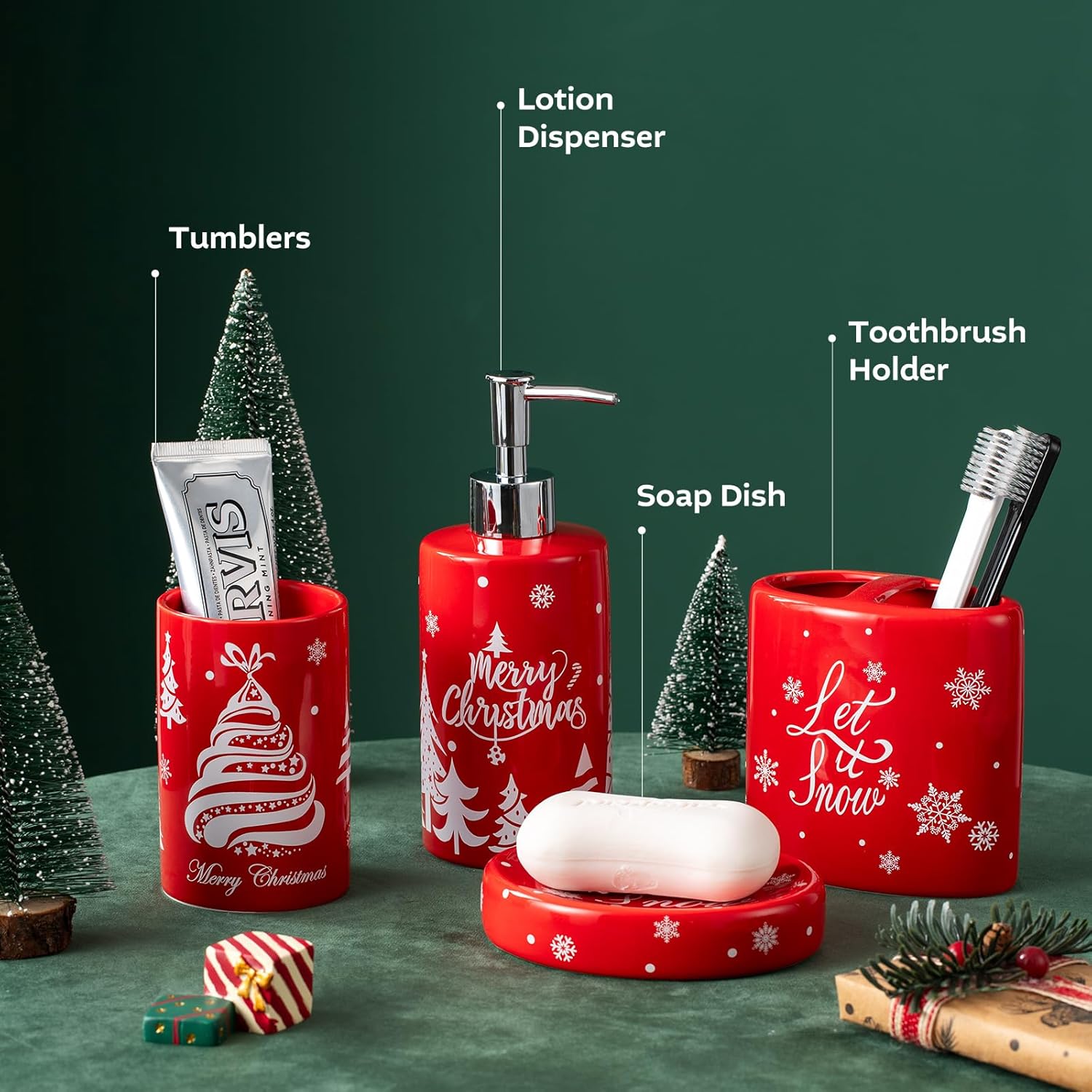 Christmas Bathroom Accessories Set, 7-Piece Ceramic Bathroom Accessory Set Include Lotion Dispenser, Toothbrush Holder Tumbler, and Soap Dish