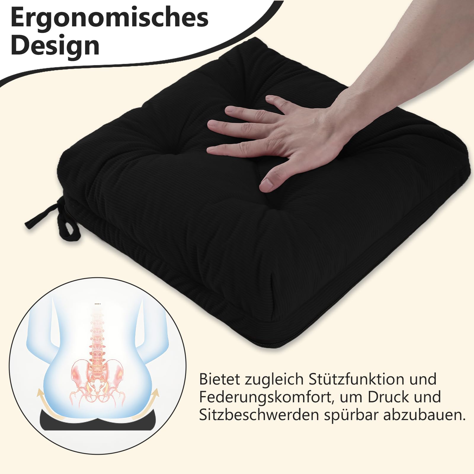 Sitzkissen, 2er Set Stuhlkissen aus Cordstoff, Memory Foam mit Doppel-Layer Design, Befestigungsriemen & Tacker-Design, Pflegeleicht für Esszimmer & Bürostühle, 45x45x8cm, Schwarz