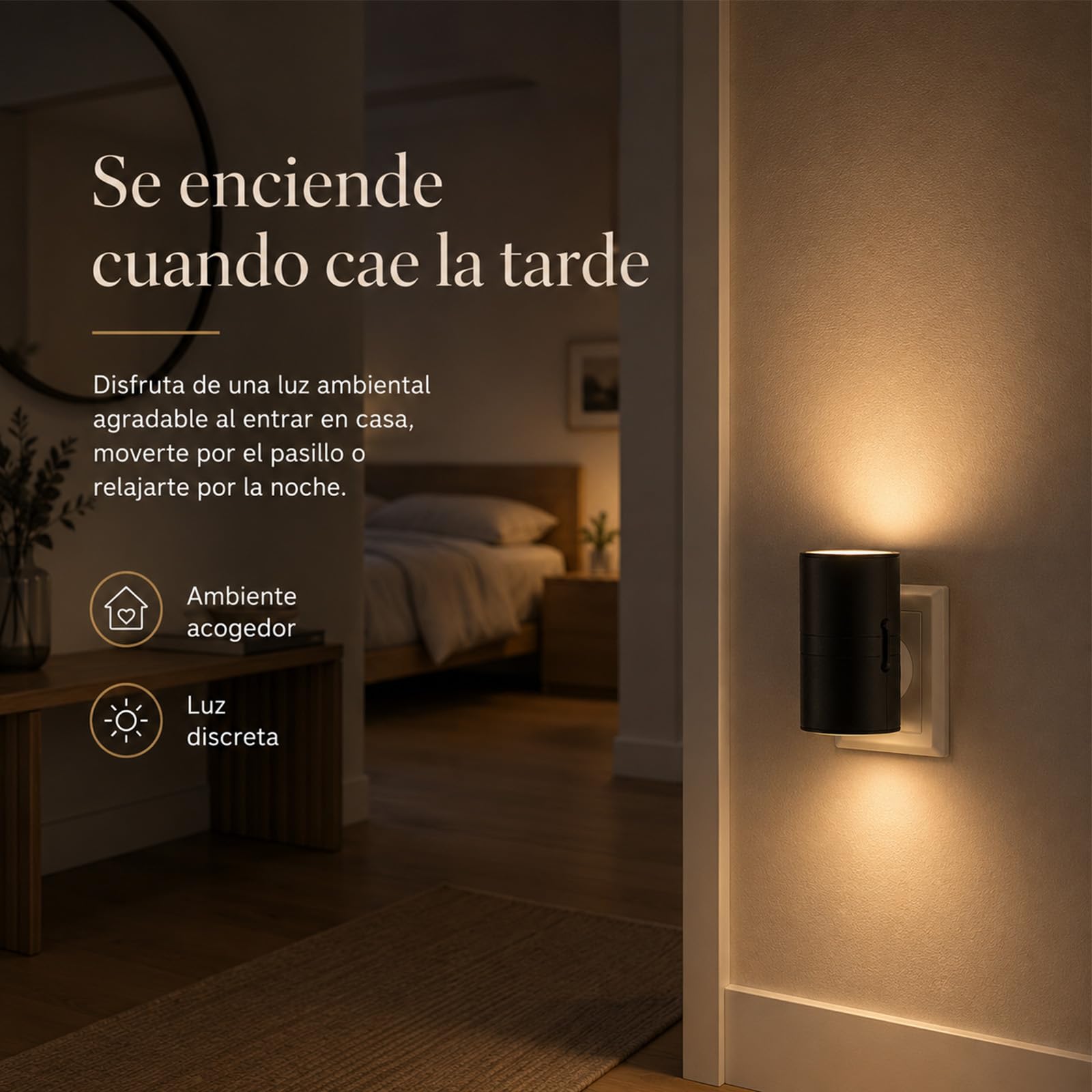 BoreaLights Luz Nocturna de Enchufe con Sensor Crepuscular, 3000 K（2psc） | Iluminación ambiental cálida y discreta para dormitorio, pasillo, salón y entrada; uso sencillo sin app ni mando.