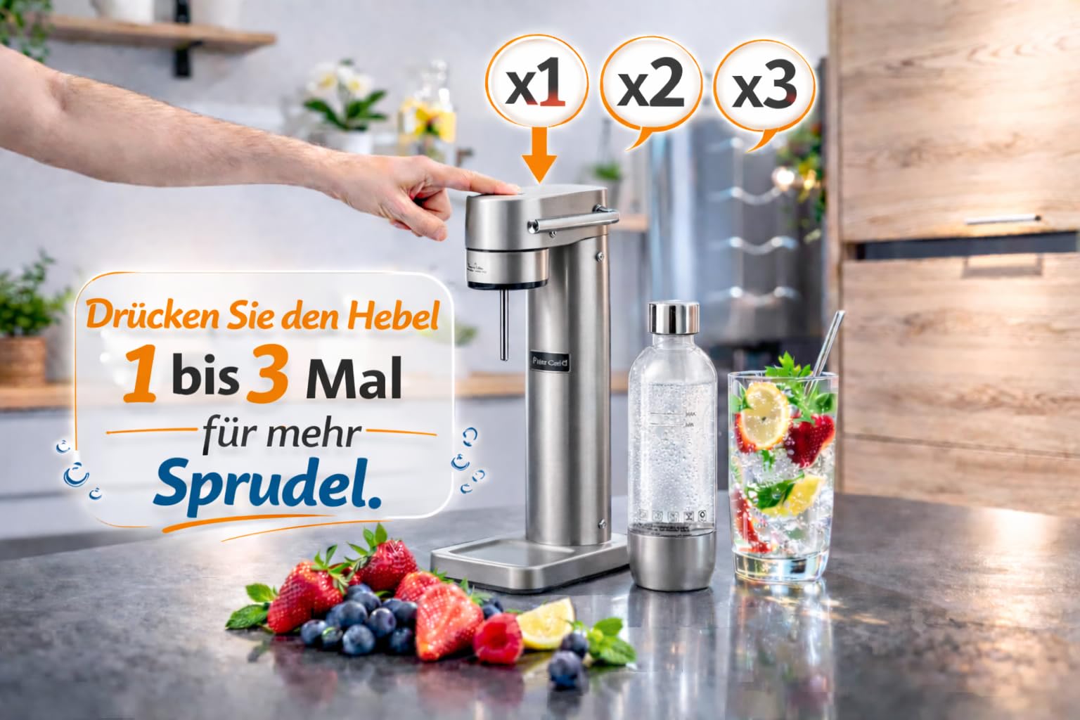 Wassersprudler Fizz Club Fusion für Wasser und Softdrinks, Edelstahl gebürstet, ohne Strom, kompatibel mit universellen CO2 Zylindern