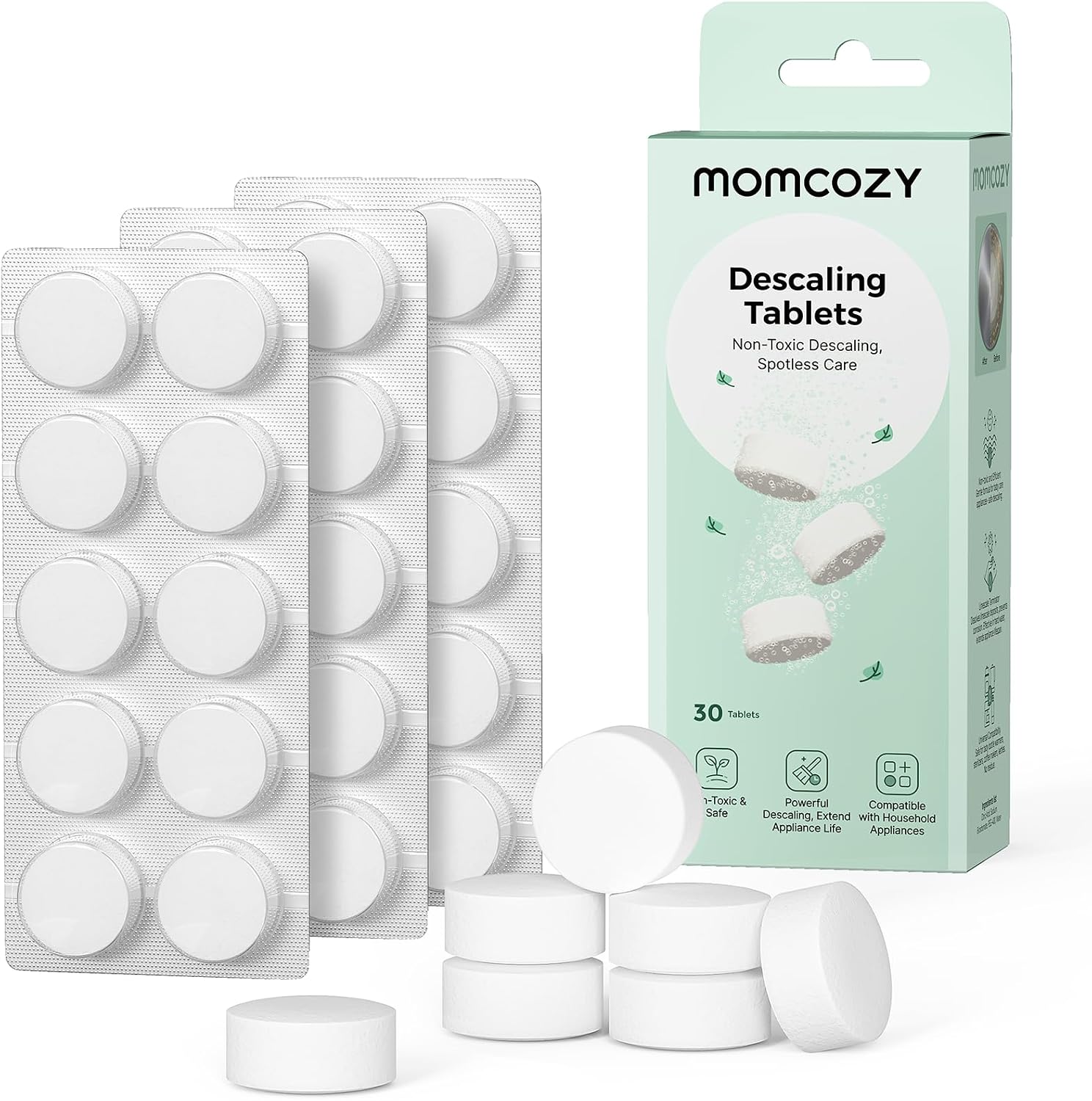 Momcozy tabletki odkamieniające do produktów dla niemowląt, takich jak pompki do mleka, podgrzewacze do butelek, myjki do butelek, sterylizatory do butelek dla niemowląt itp. Odkamieniacz do usuwania