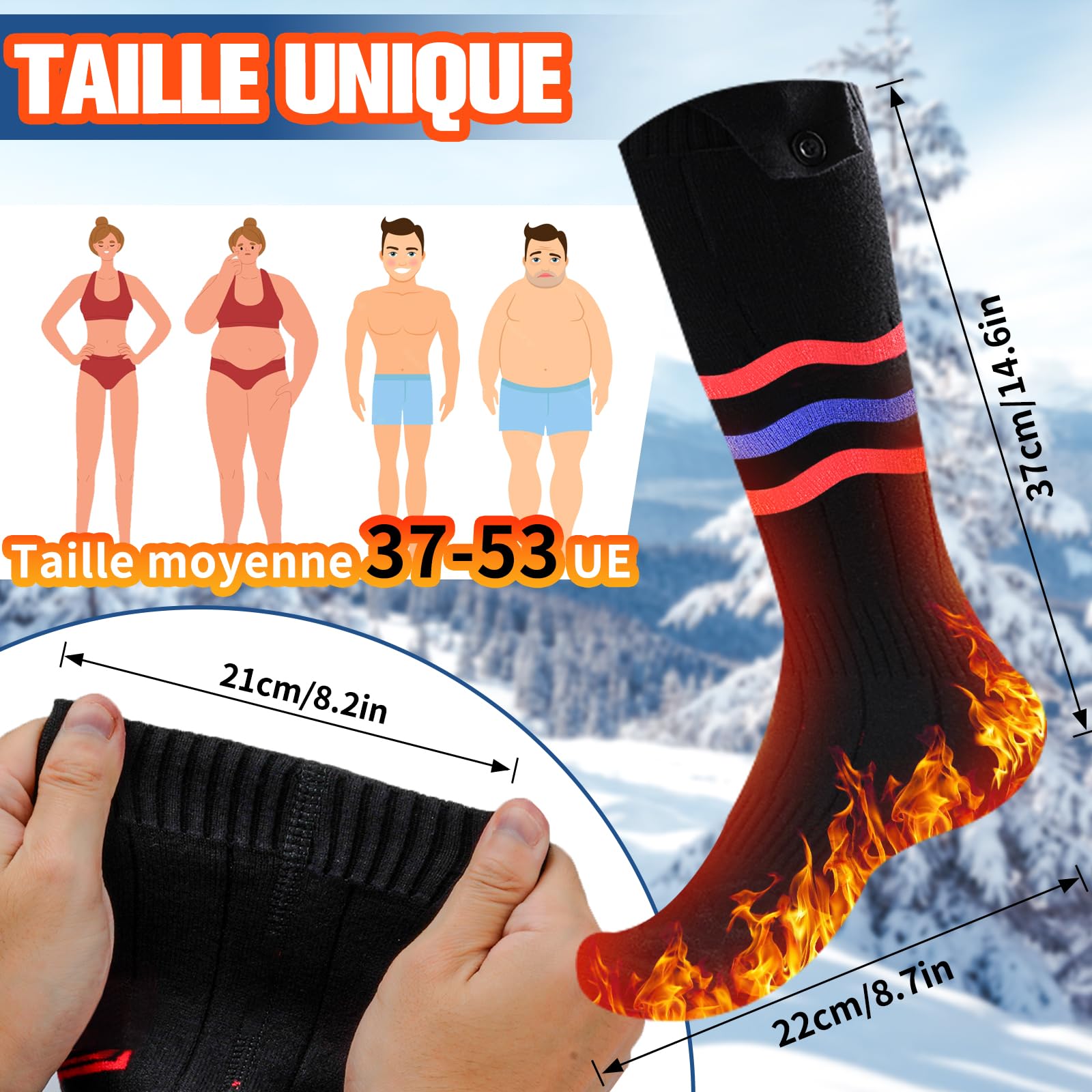 BIBURY Chaussettes Chauffantes Homme Femme, 2×5000mAh Chaussette Chauffante Rechargeables, 3 Niveaux de Chauffe, Lavables Chaussettes Thermiques, Chauffe Pied pour Sports, Ski, Camping, Moto, Cyclisme