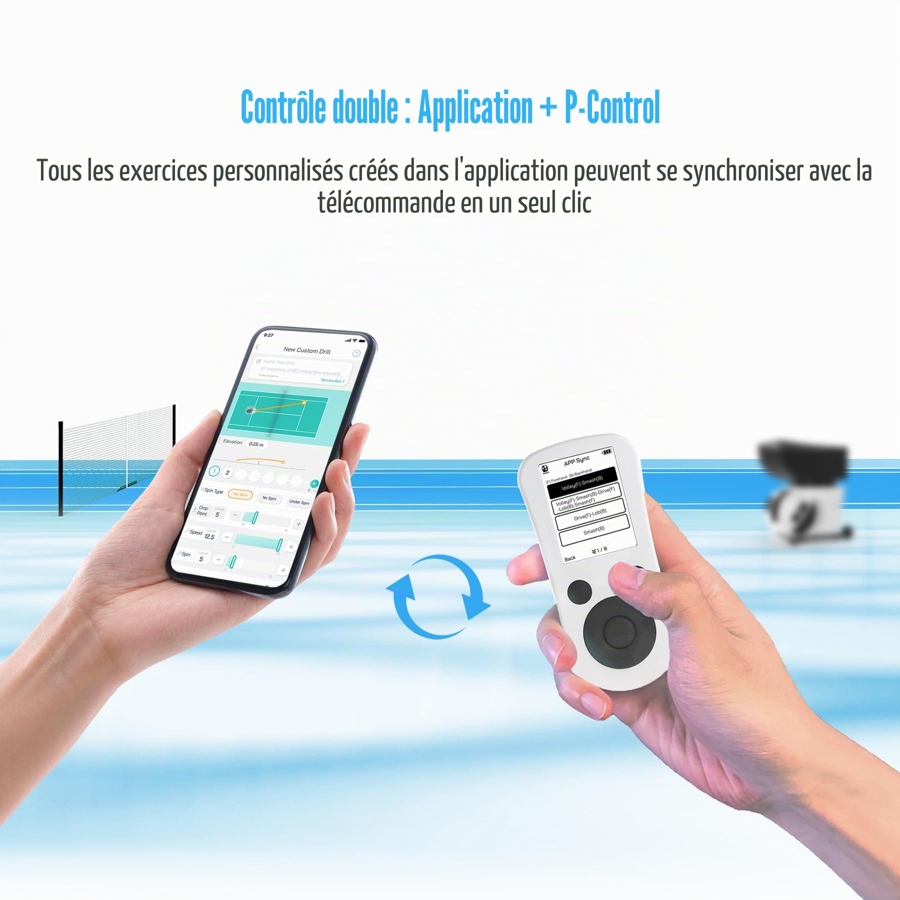 PONGBOT Machine à balles de tennis, application et télécommande, perceuses personnalisées, capacité de 150 balles, max 80 mph, plus de 80 heures d'endurance, double moteur pour Topspin et Backspin