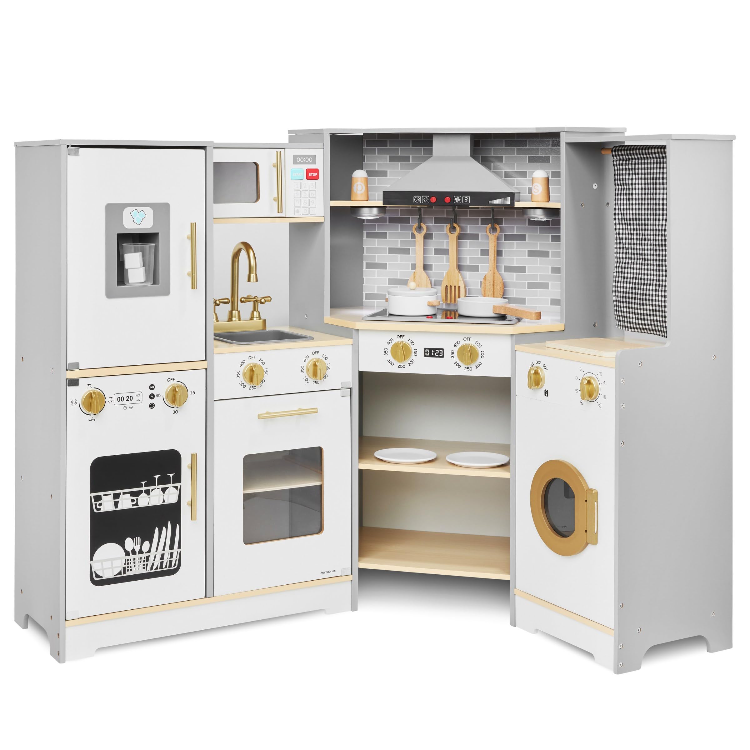 Mamabrum Cucina in legno per bambini 3+, grande, interattiva XXXL fornello interattivo con illuminazione a LED, set da cucina con lavatrice, forno, lavastoviglie, cappa e pentole
