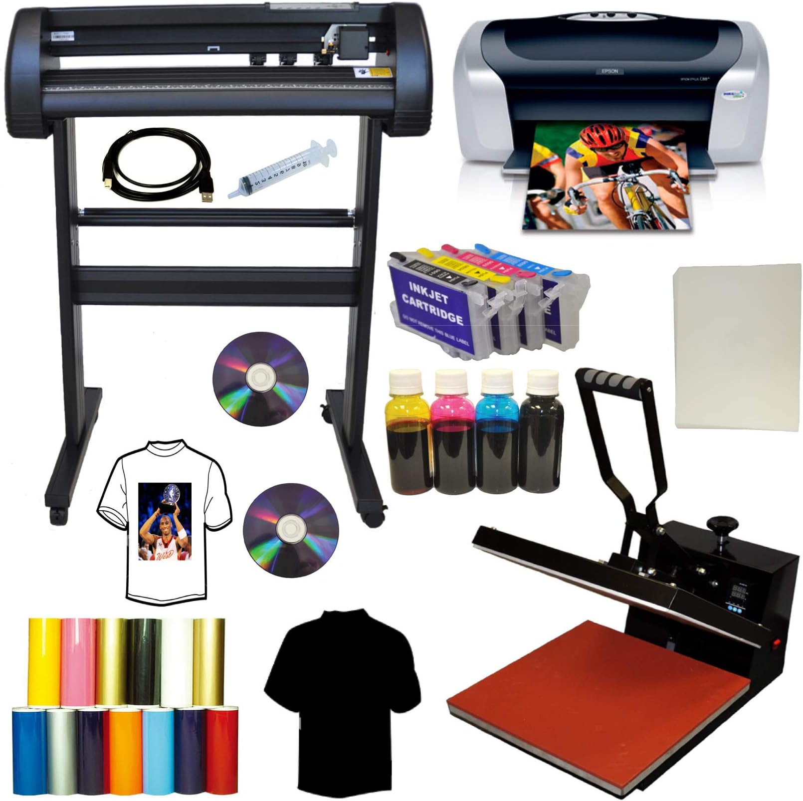 15x15 Heat Transfer Press,28" 24" Vinyl Cutter Plotter,Printer+CISS+Ink,Tshirt Bundle