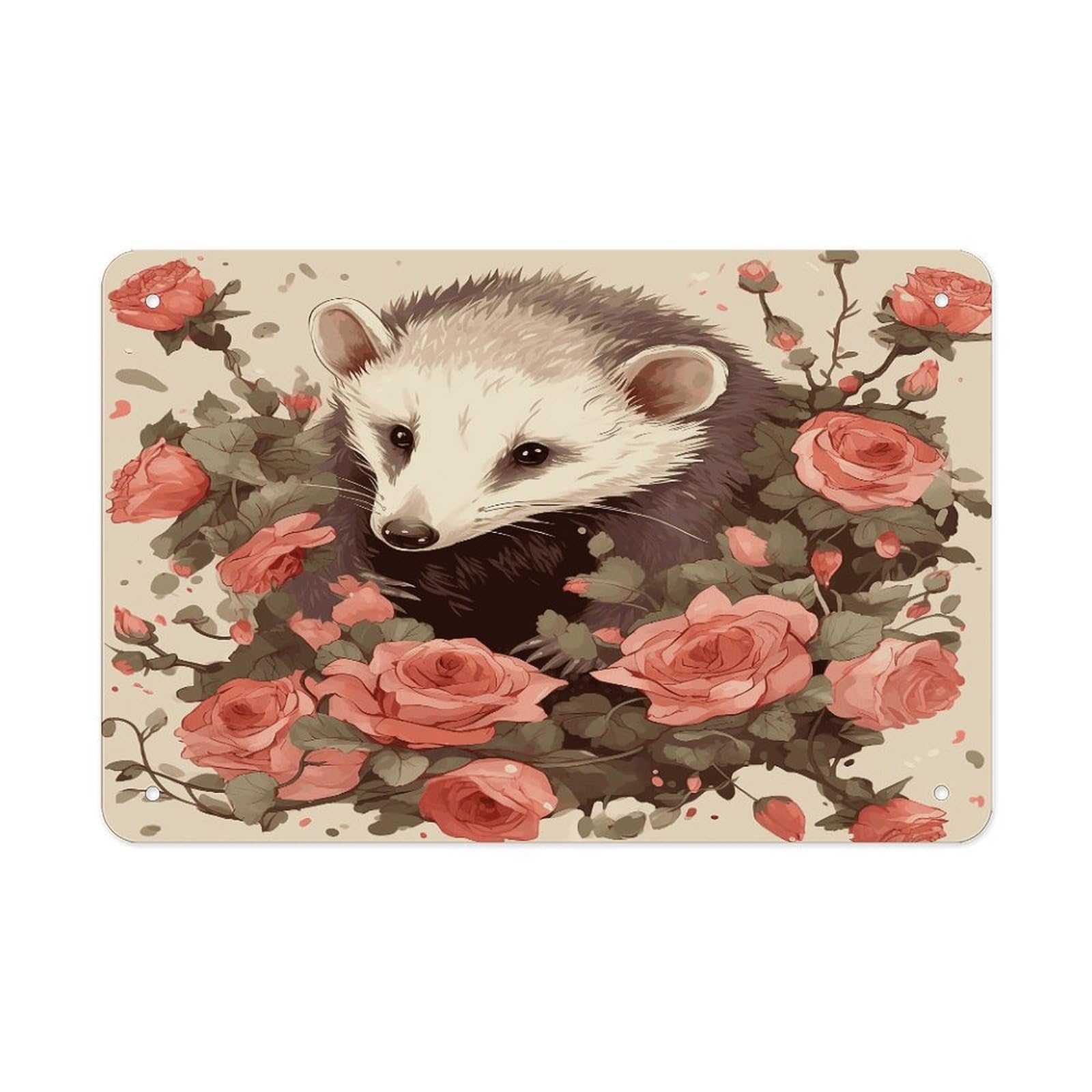 Opossum And Roses Metal Tin Sign 12"x8" Wall Art Prints Poster Decorative Picture Metal Signboard Decor Painting Folded Edge Iron Sheet Painting with Holes for Wall Decor