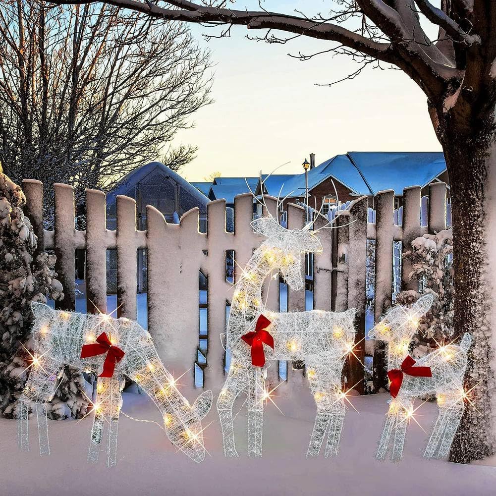 3 Pièces de Rennes de Noël Éclairés en 2D, Décorations Extérieures en Métal Blanc Pré-Éclairé Illuminent Le Traîneau de Noël Rudolph et Le Père Noël avec des Lumières