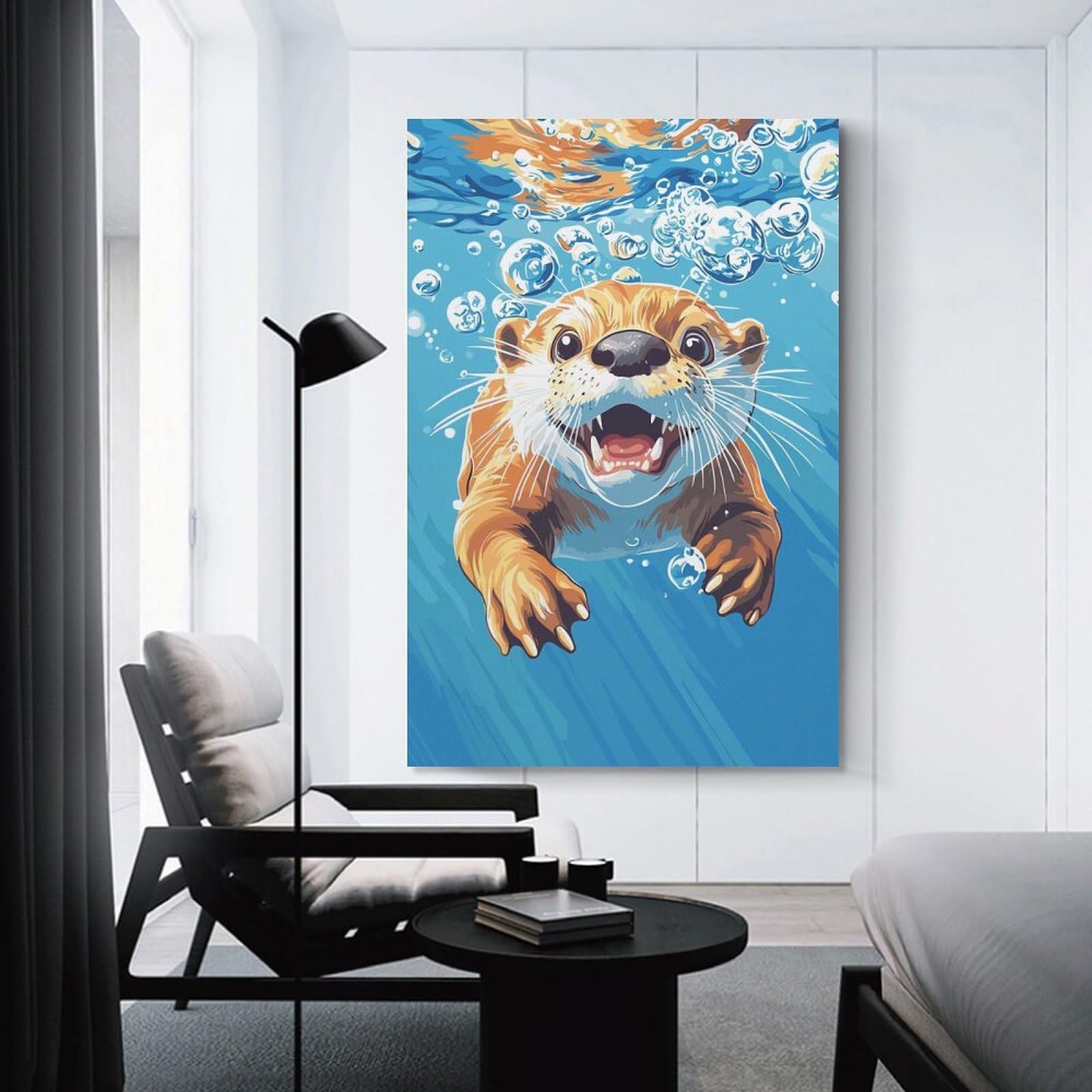 Junmoney Unframe-Style-8 Cartoon Otter Swimming Underwater With Bubbles Canvas Wall Picture, 24X36inch(60X90cm), For Study, Office Or Focused Interiors, Home Office Artwork With Decorative Appeal