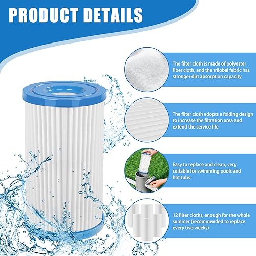 Miniatura 3 de Cartucho de filtro universal para piscina tipo AC o III, paquete de 12 filtros reutilizables para piscinas sobre el suelo, filtración eficiente y