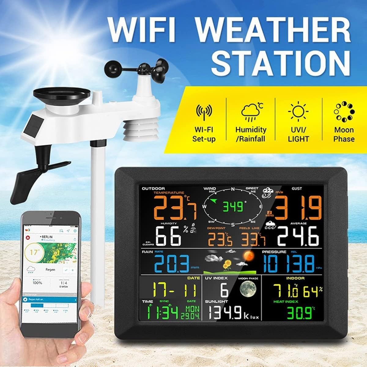 Professional Weather Stations, Weather Station with Weather Forecast, Display About Outdoor Humidity, Temp, air Pressure, Wind Speed and Direction, Rainfall, for Home, Farm