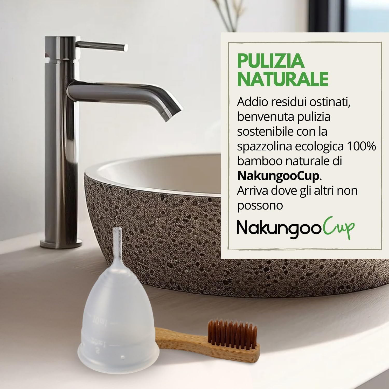Nakungoo Cup Coppetta Mestruale Morbida 100% Silicone Medicale Certificata, Anallergica, Riutilizzabile per Flusso Abbondante | Kit Completo 2 Taglie (S e L) con Sterilizzatore, Sacchetta e Spazzolina