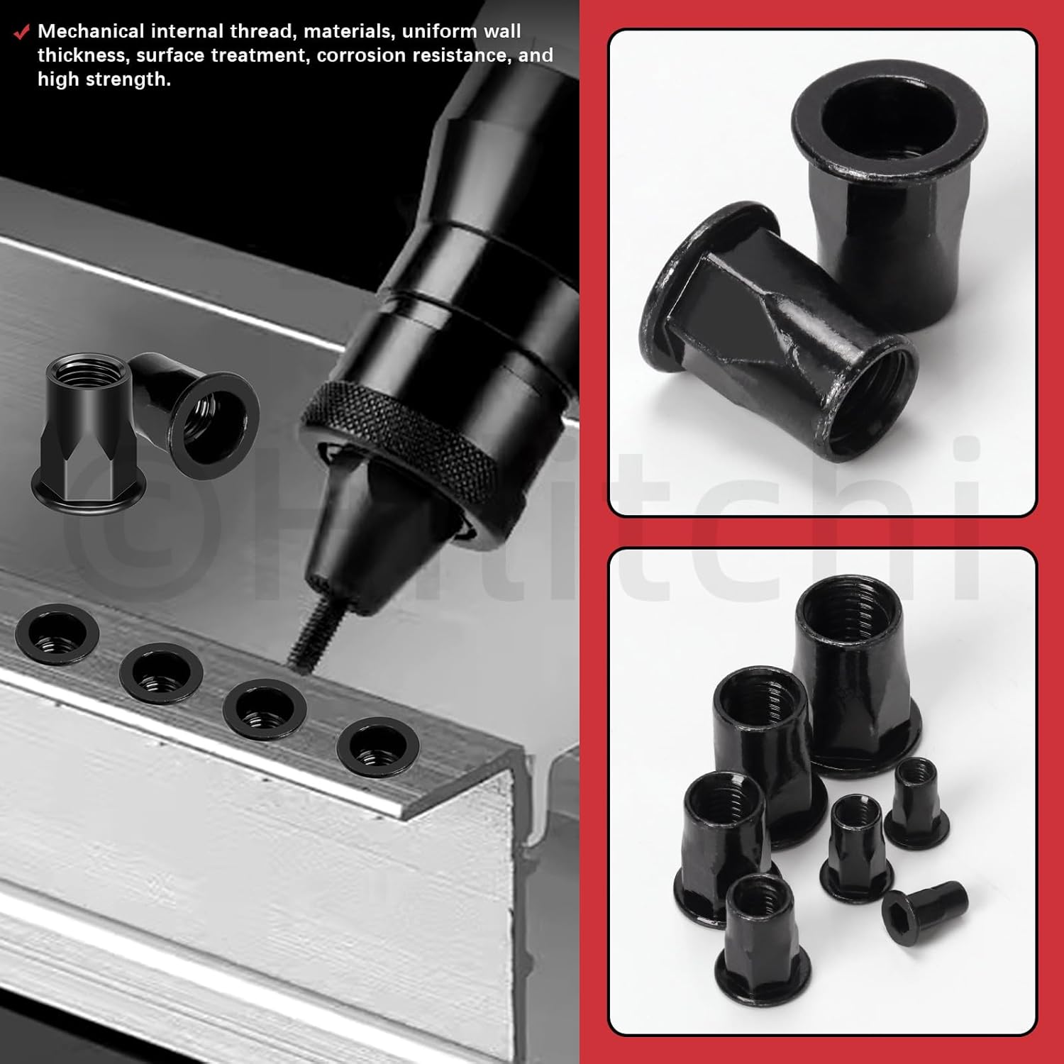 Hilitchi 250PCS Black Thread Half Hexagonal Flat Head Threaded Insert Nut 7 Sizes Metric M3 M4 M5 M6 M8 M10 M12 Carbon Steel Zinc-Plated Rivet Nuts Assortment Kit