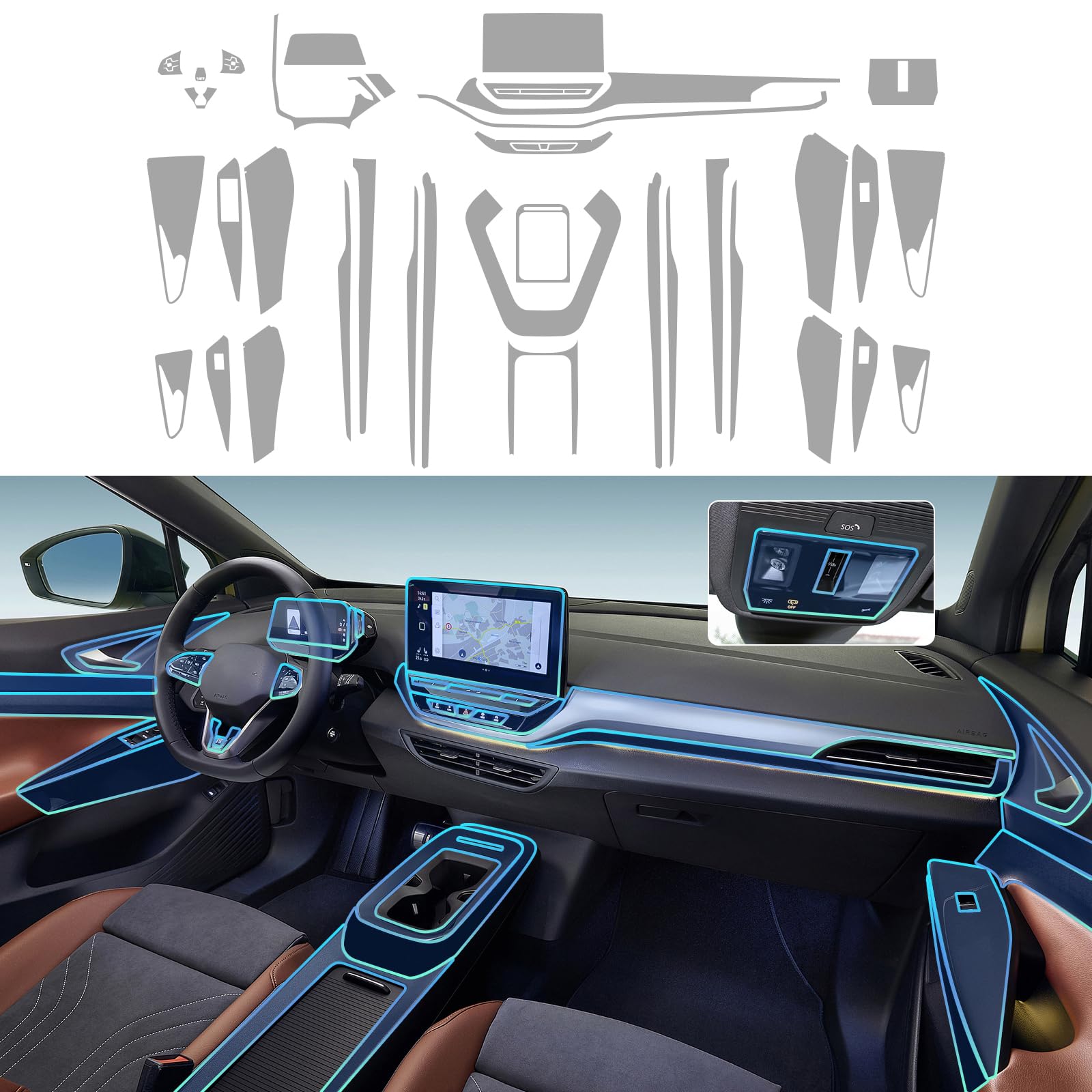 für Volkswagen VW ID.4 Crozz/GTX/X/Pro 2021-2024 8.5mil TPU PPF Vorgeschnittene Selbstklebende Autoinnenraum Transparent Lackschutzfolie Zubehör Kompletter Satz (VW ID.4 Crozz/GTX 42 Stück)