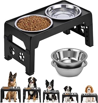LALOBLUE Elevated Dog Bowls, Raised Bowl with 2 Stainless Steel Food Bowls, Dog Bowls Stand Adjusts to 5 Heights 2.95", 8.46"