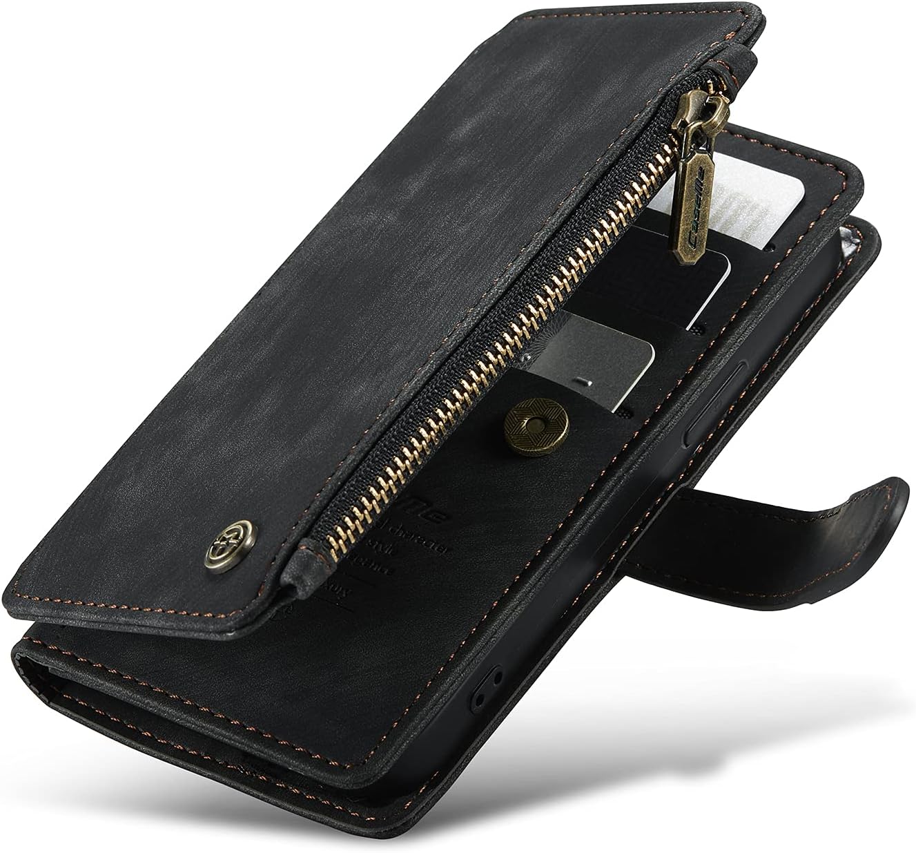 Case for iPhone 11 12 13 2021 Genuine Leather Cell Phone Case 7 Cards Slot Wallet Zipper Pouch RFID Blocking Cover Stand for iPhone 12 mini 5.4 inch (Black, 12mini)