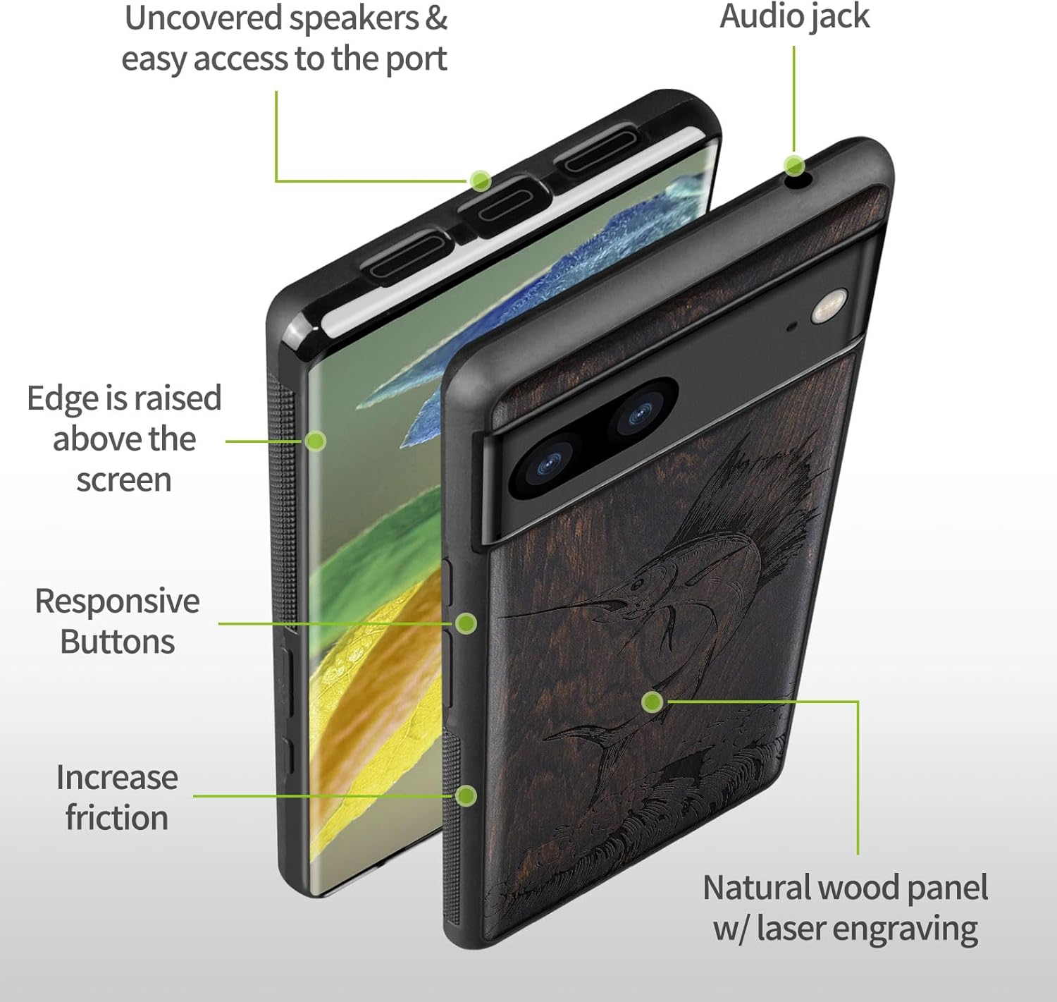 Carveit Wood Case for Pixel 7a Case [Natural Wood & Black Soft TPU] Shockproof Protective Unique & Classy Wooden Phone Cover Compatible with Google Pixel 7a (Sailfish-Blackwood)
