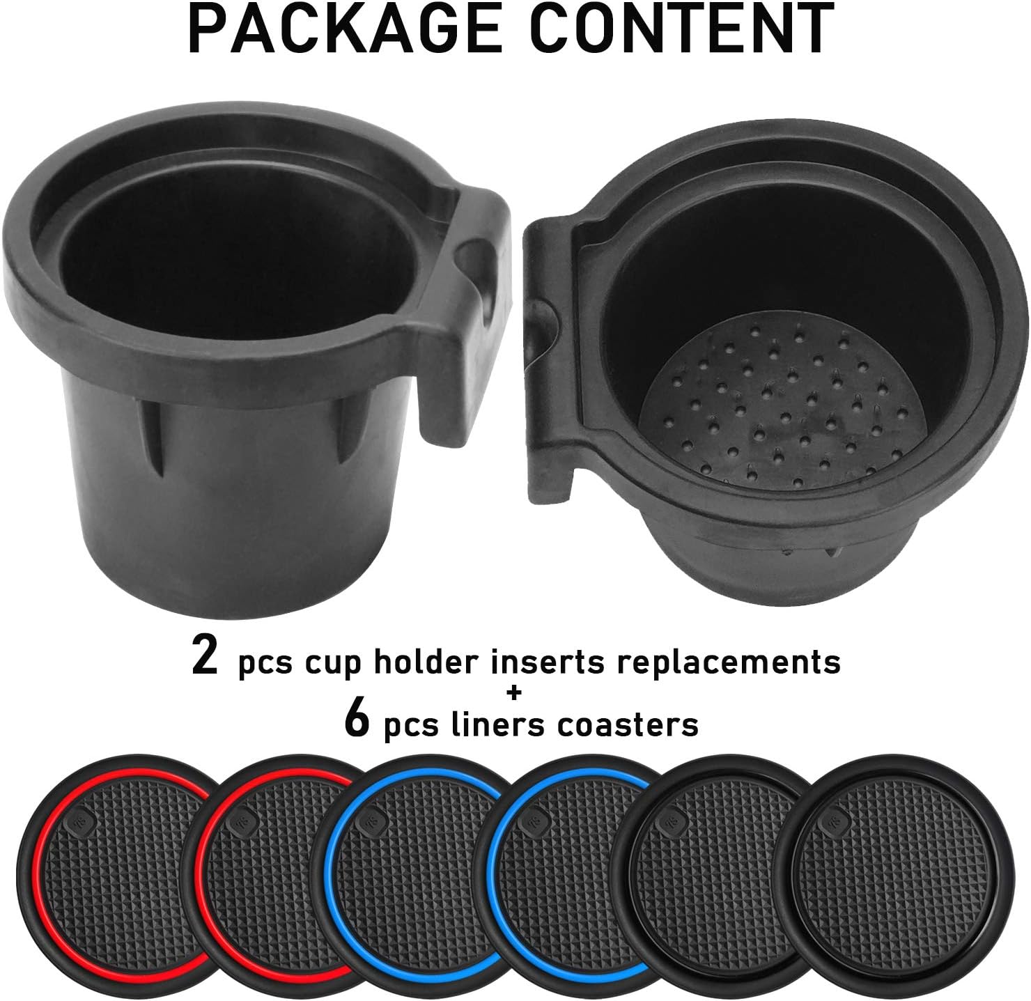 Auovo 2 Pcs Cup Holder Inserts Replacement for Frontier 2005-2019 Xterra 05-15 Pathfinder 05-12 Replace 96975-EA000 96975-ZS00A(with 3 Pairs of TPE Coasters in red Blue All Black)