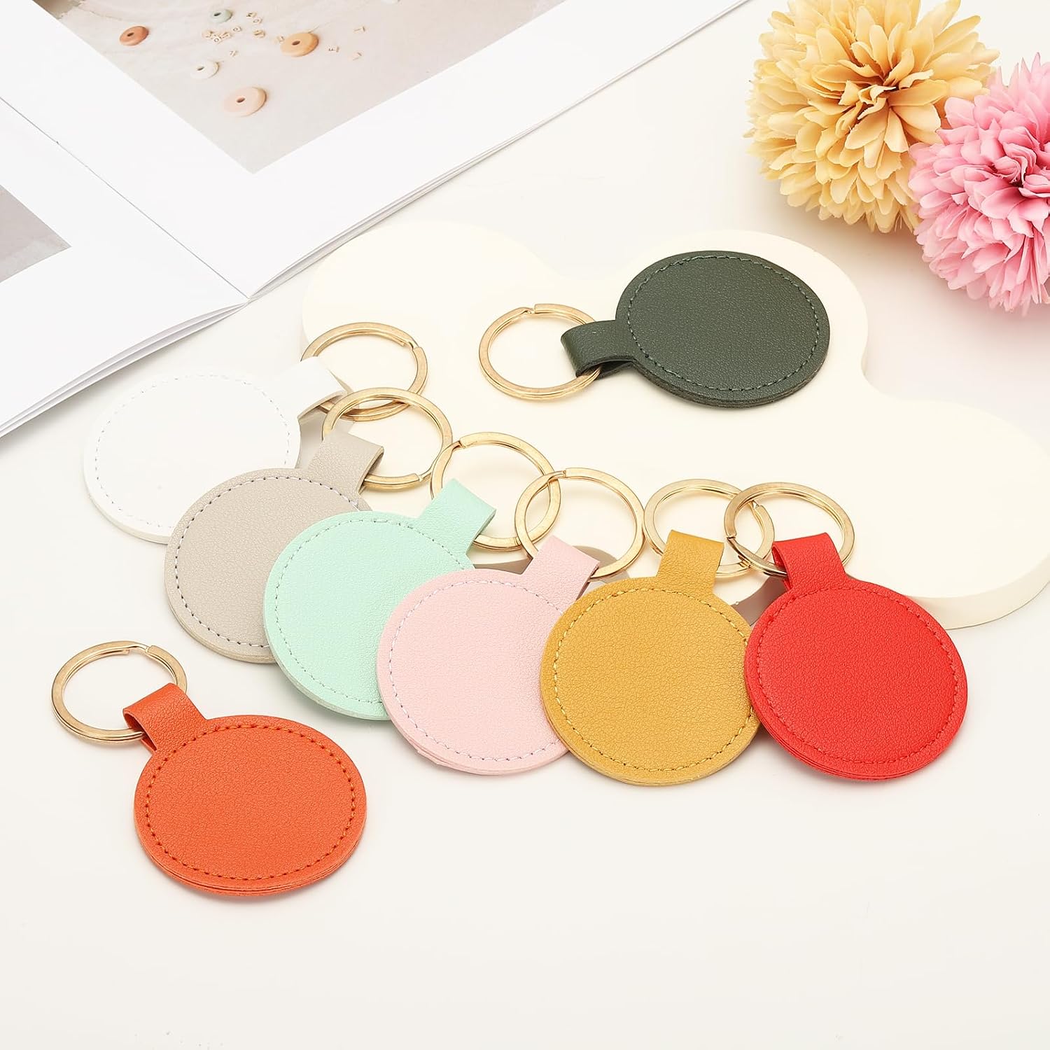 PATIKIL 9pcs Leather Keychain Blanks,50mm Sublimation Keychain Blanks PU Leather Key Chain Keyring with Rings,Round image 4