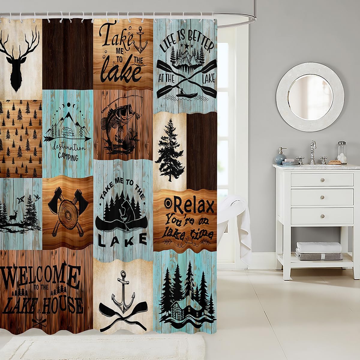 Lake House Shower Curtain,Outdoor Camping Waterproof Curtain Fish Bear Anchor Pine Rustic Farmhouse Bathroom Curtain Kids Boys Girls Brown Green Grid Patchwork Plaid Bath Curtain Adult Room Decor
