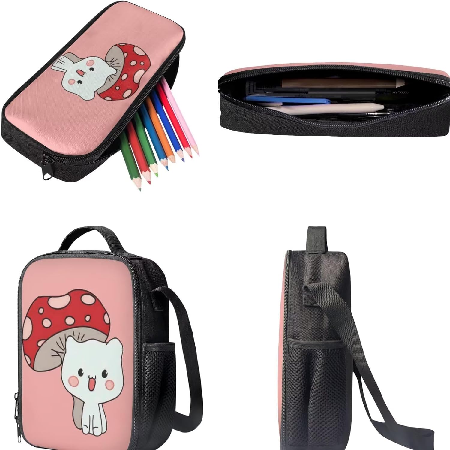 Cat Backpack with Lunch Box Mushroom Cute Bookbag Girls School Bag and Lunch Bag Primary School Backpacks Pencil Case for Kids 7 Year 5t Pink Book Bags Large Capacity Travel Rucksack