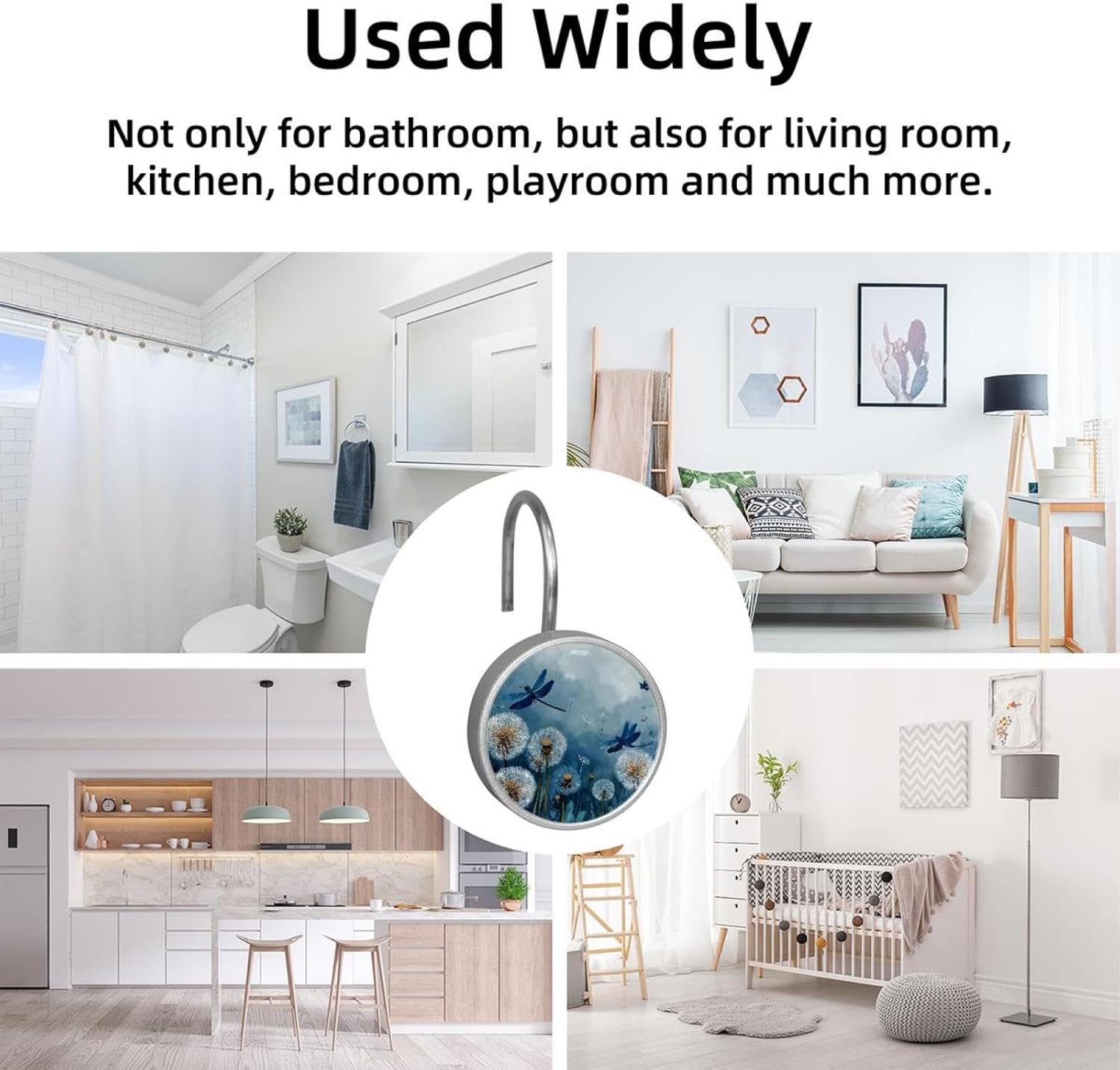 12 Pack Blue Dragonflies Flying Around Dandelion Shower Curtain Hooks Rings, Durable Shower Hooks for Liner, Shower Rings for Curtain and Bathroom Shower Rod