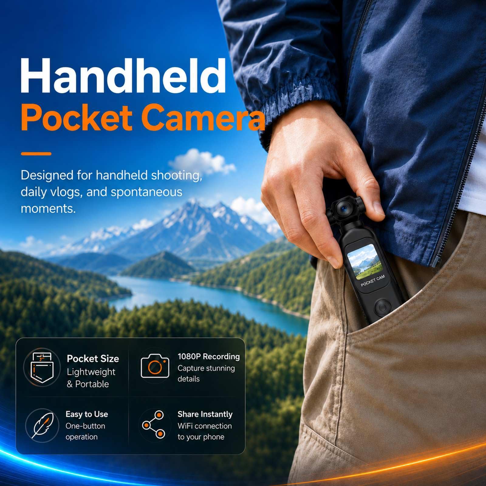 Vlog Kamera 1080P, Mini Pocket Camera/Bodycam mit Ladegriff für Lange Laufzeit, 32 GB Karte, 270°/130° Drehobjektiv, WiFi, 1,33" Touchscreen, tragbare POV Kamera für Alltag