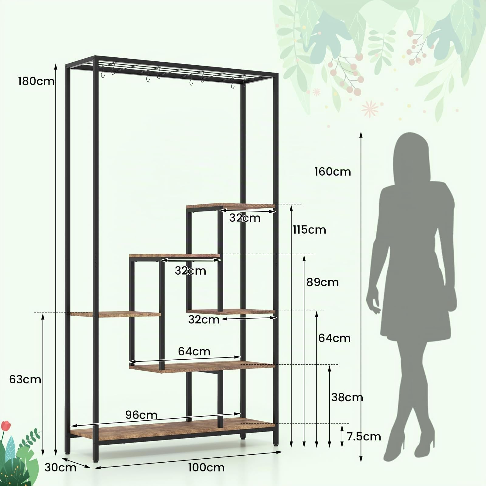 RELAX4LIFE Étagère à Plantes à 6 Niveaux 180 CM avec 10 Crochets Suspendus, Étagère d'Angle Ajustable pour Salon Terrasse Jardin (Noir+Brun)
