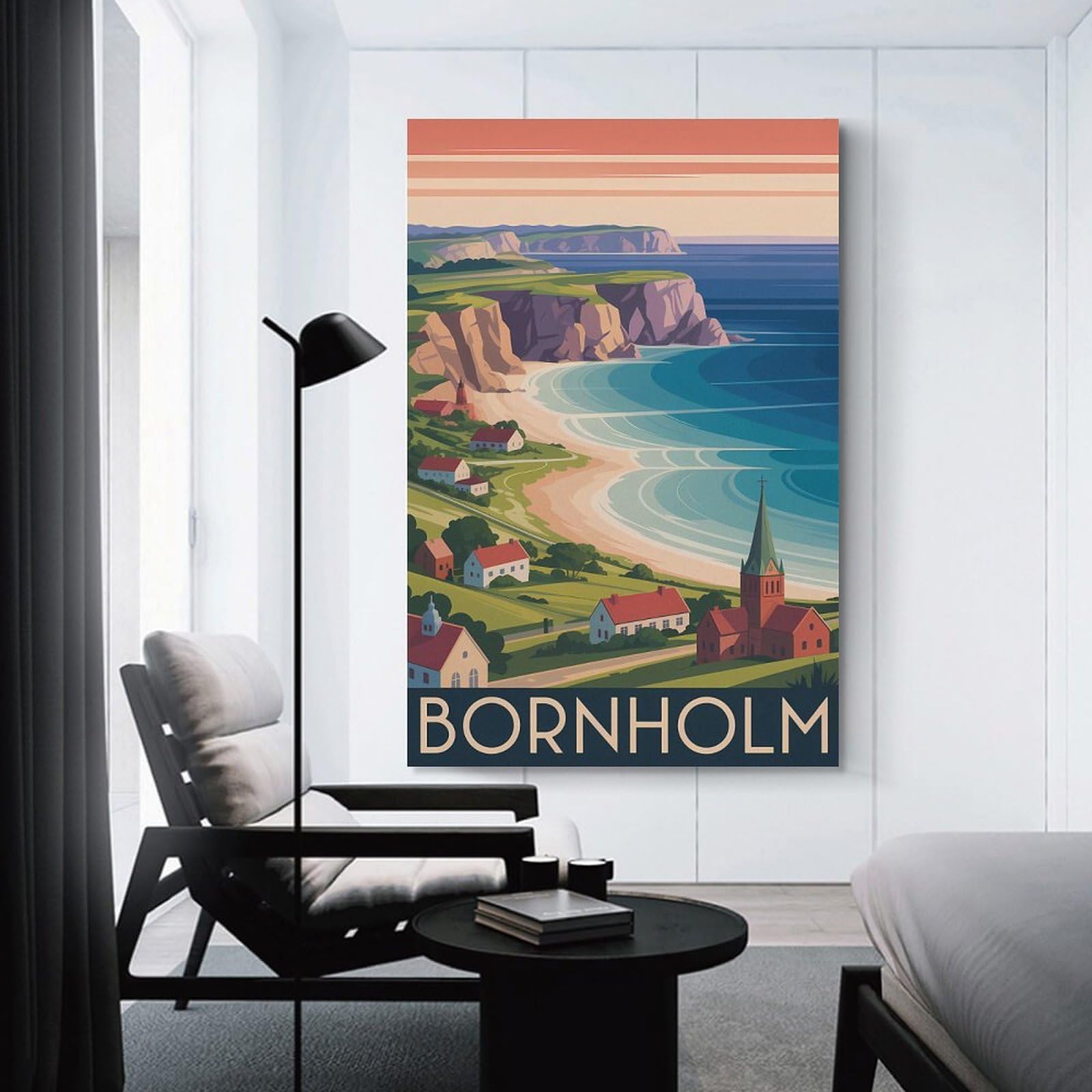Junmoney Canvas Wall Picture Bornholm Coastal Village Illustration, 24x36inch(60x90cm), for Office, Study Or Home Workspace, Canvas Wall Decor for Creative Rooms