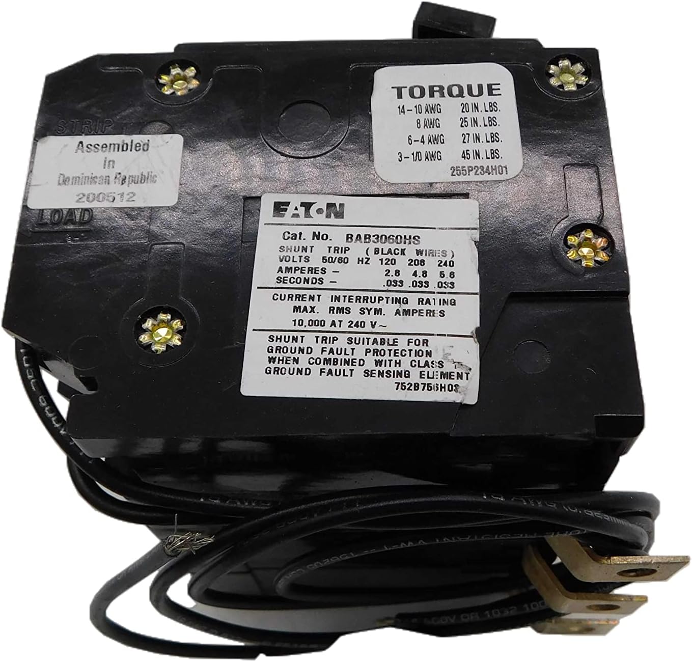 Eaton BAB3060HS Bolt-On Mount Type BAB Industrial Miniature Circuit Breaker with Shunt Trip 3-Pole 60 Amp 240 Volt AC Quicklag