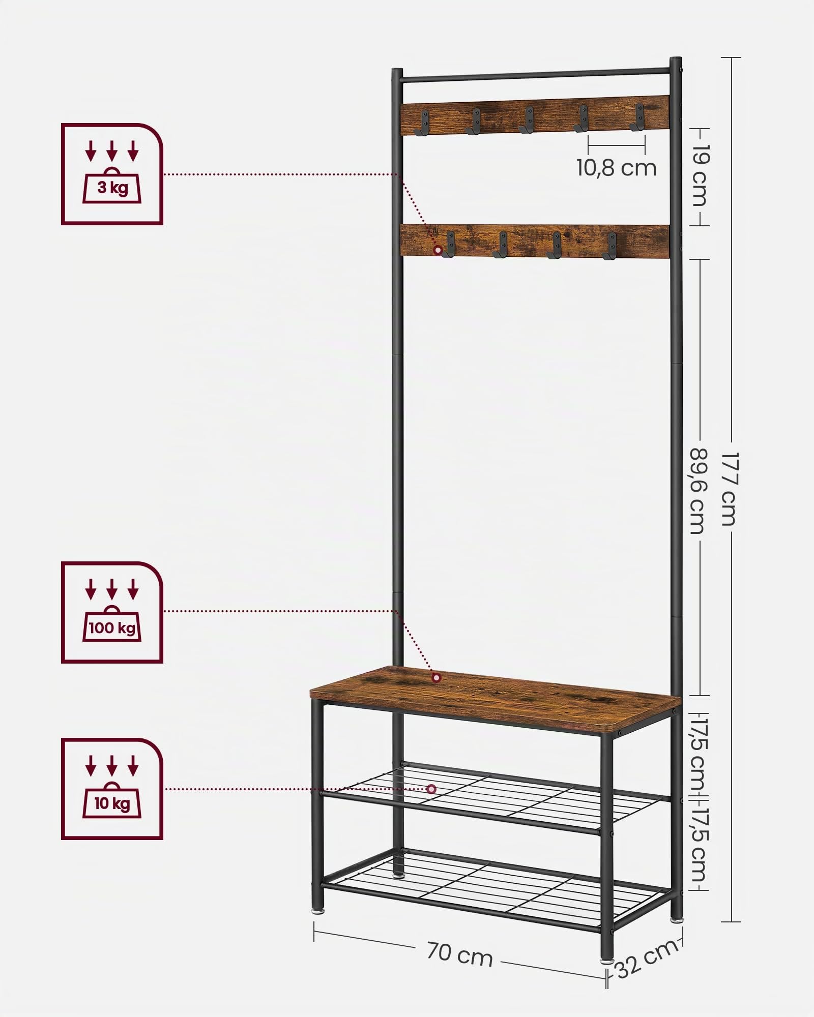 VASAGLE Perchero Zapatero, Perchero con Banco Recibidor, 3 en 1, Estructura de Acero, para Entrada Pasillo, 32 x 70 x 177 cm, Industrial, Marrón Rústico y Negro HSR41BX