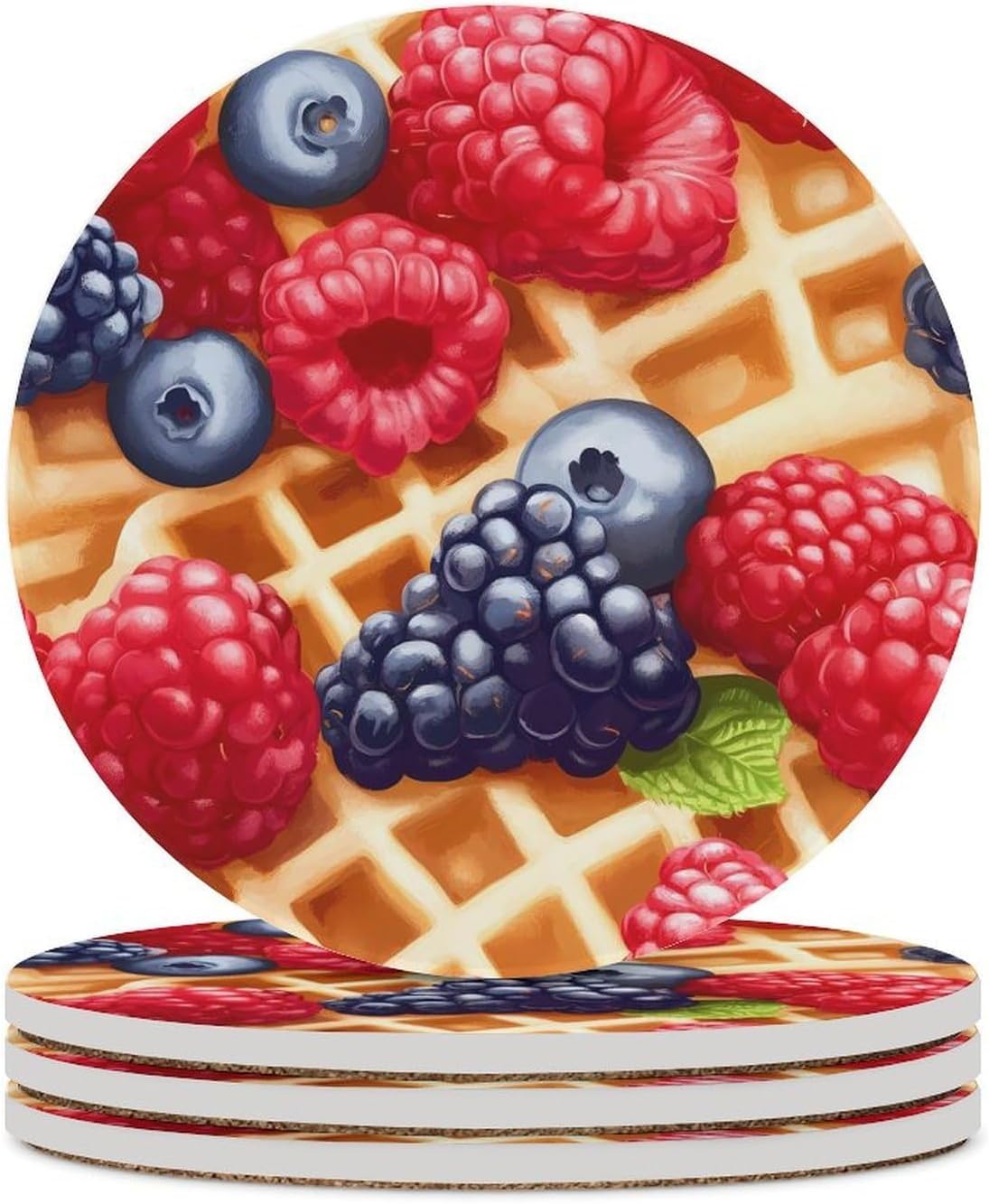 Waffle with Berries Round Ceramic Coasters for Drinks Absorbent Cup Holder Tabletop Protector with Cork Base