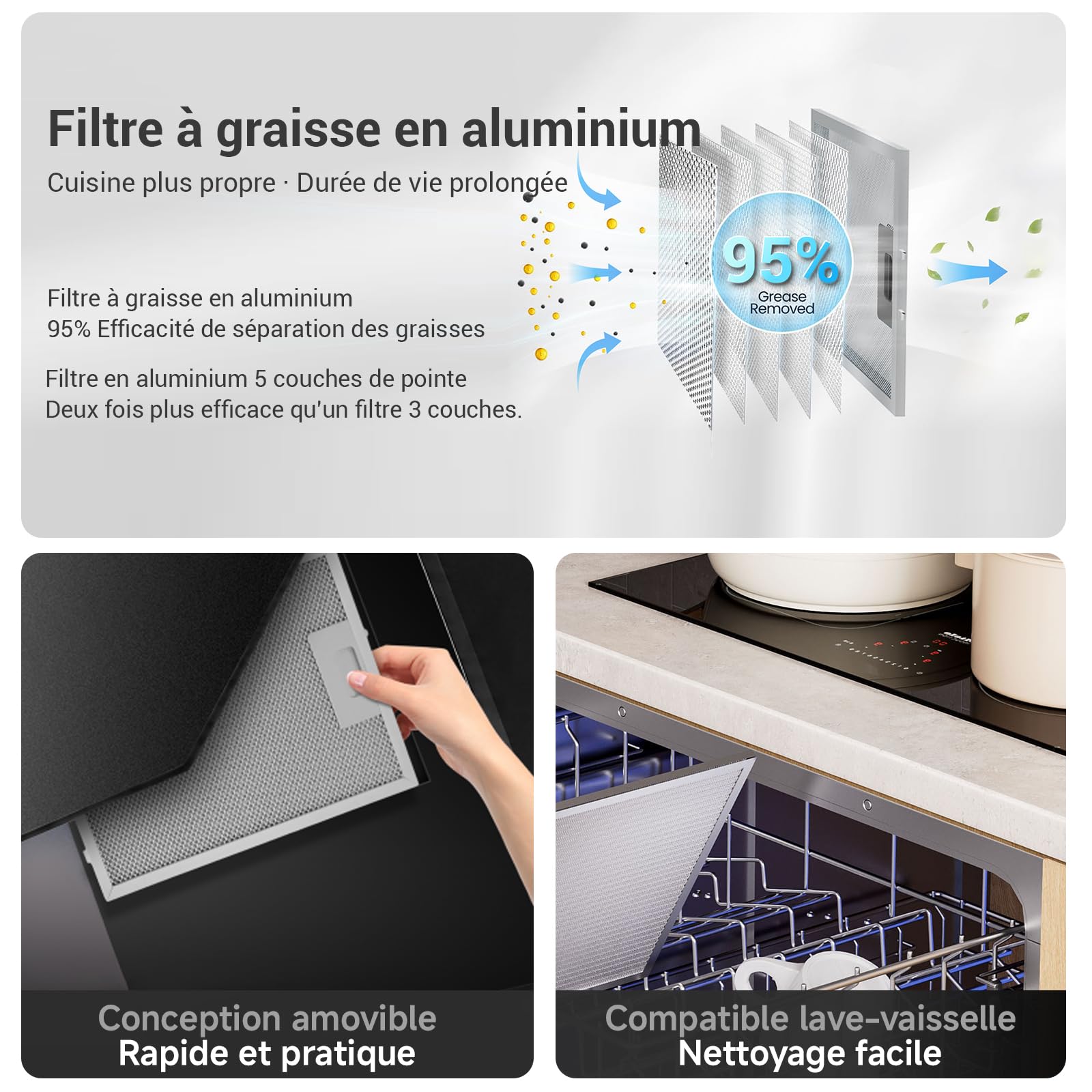 Hotte Aspirante Inclinée 60cm Classe A+++, Hotte de Cuisine 380m³/h, Écran Tactile LED,Filtres à Charbon Inclus,Hotte Murale Évacuation extérieure ou Recyclage,Noir