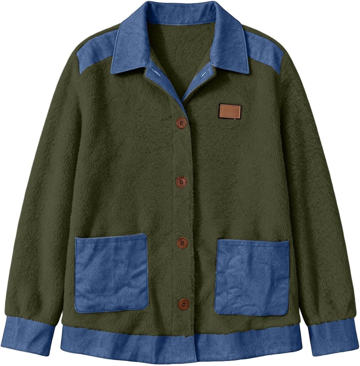 Women's Fleece Jacket Collared Button Front Retro Color Block Coat